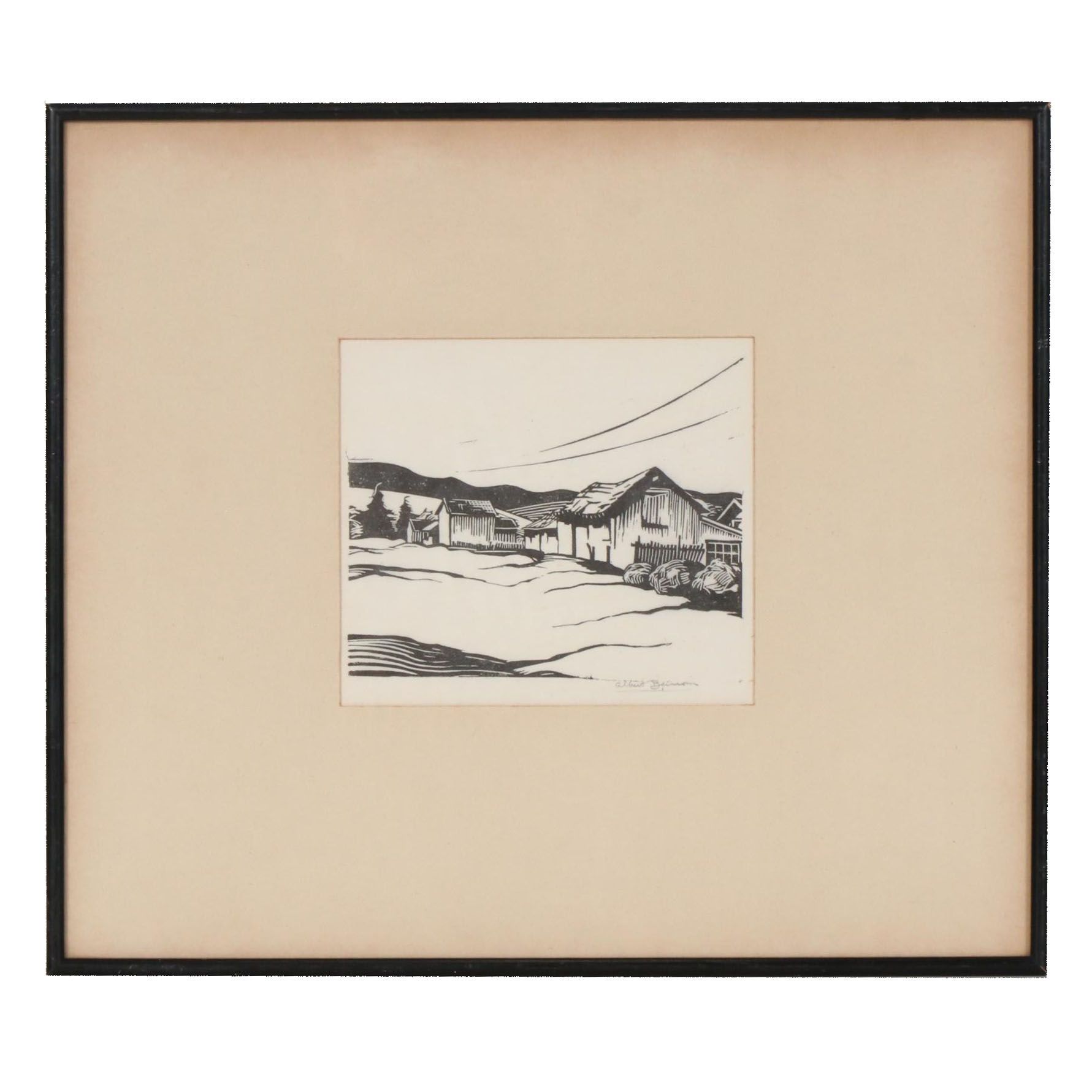 Ben Albert Benson Woodcut of Rural Landscape with Barn, 20th Century