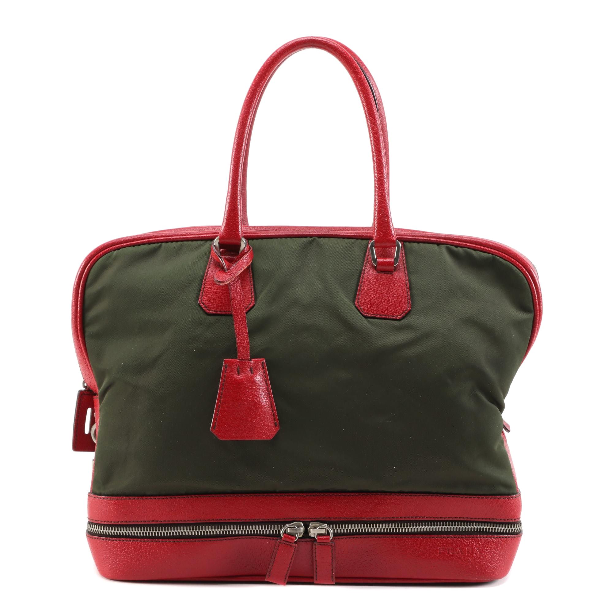 Prada Green Nylon and Red Leather Handbag