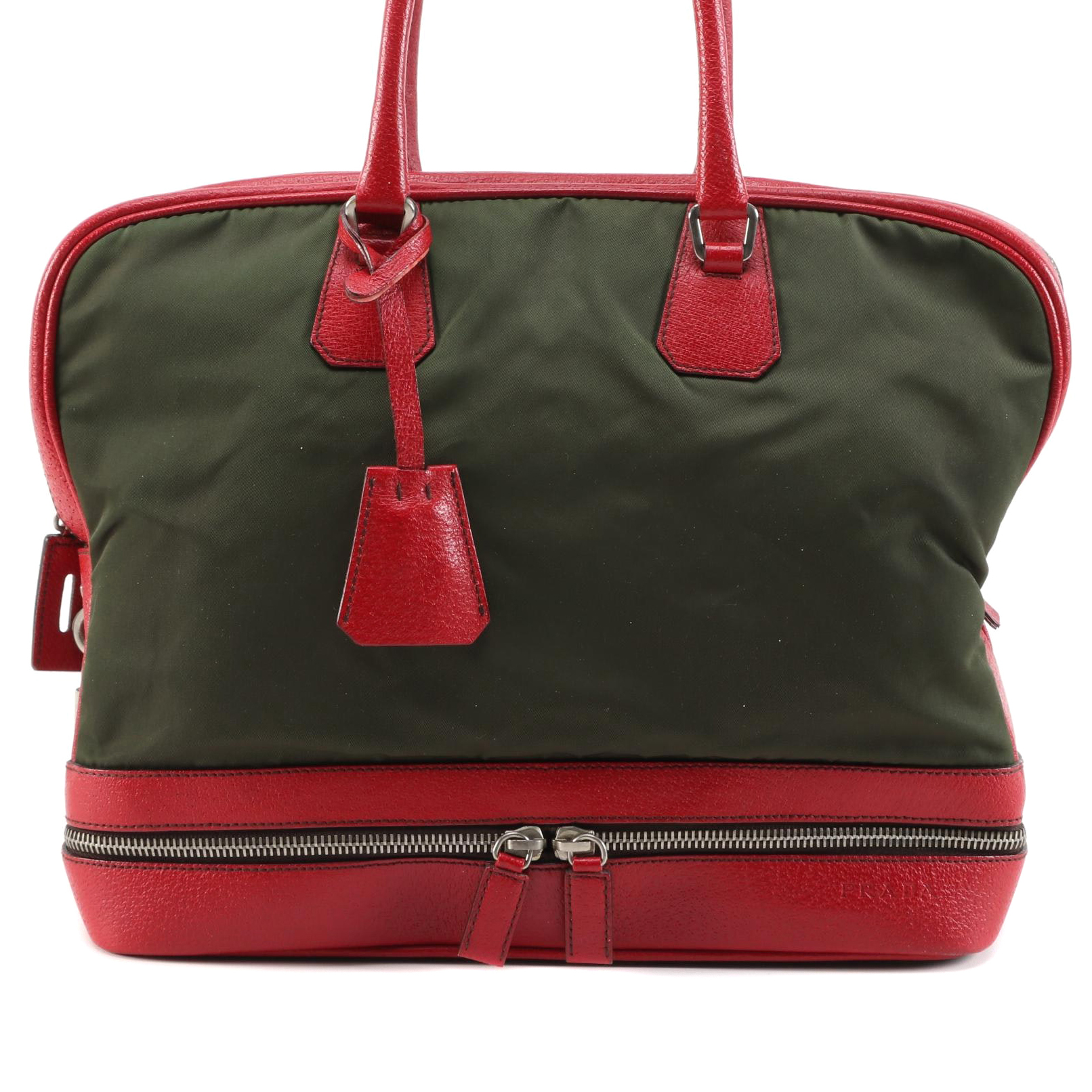 Prada Green Nylon and Red Leather Handbag