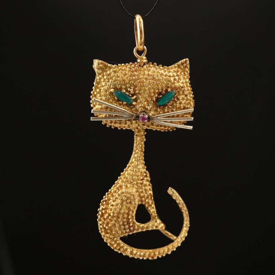 Vintage 14K Ruby and Glass Cat Pendant