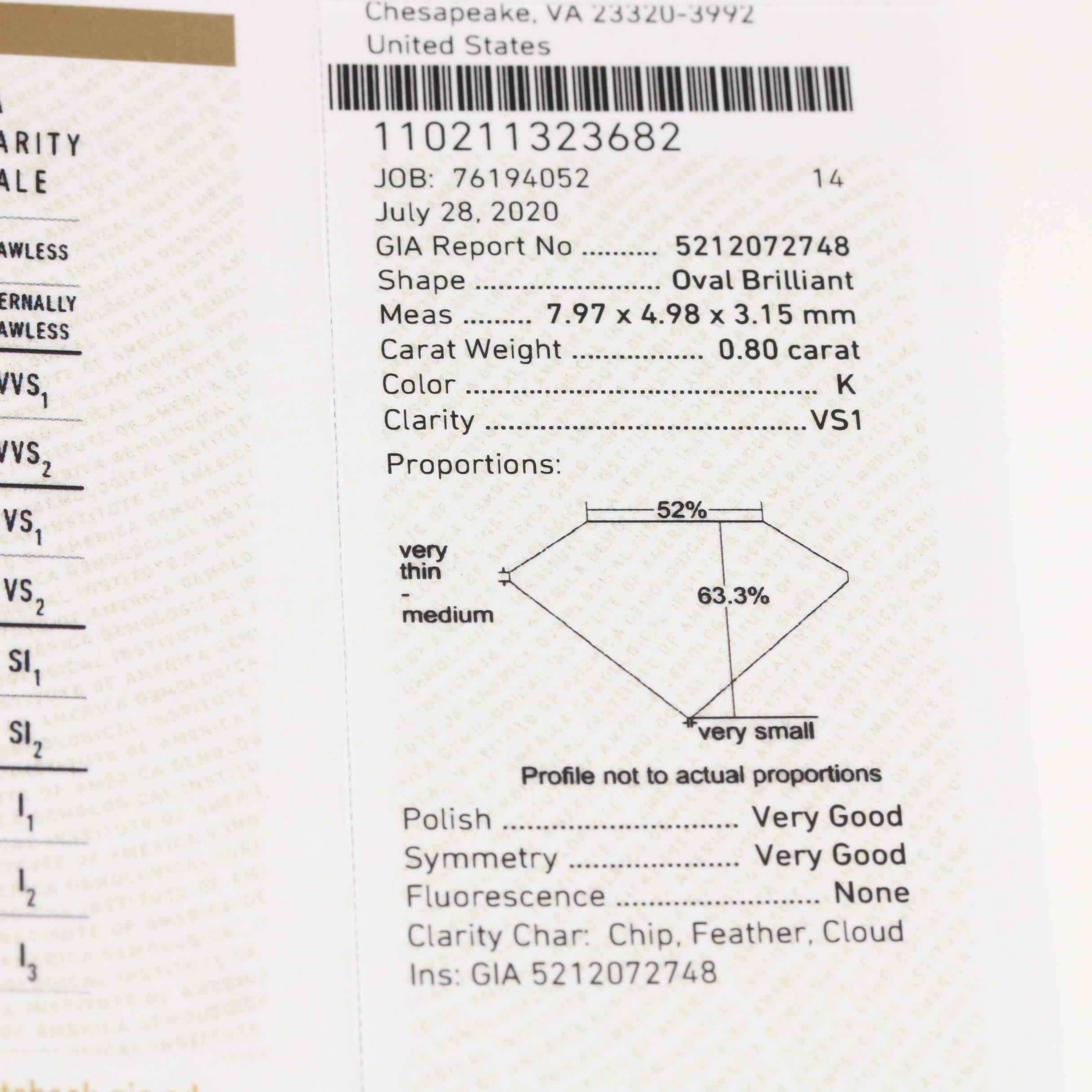 Loose 0.80 CT Oval Brilliant Cut Diamond with GIA Report