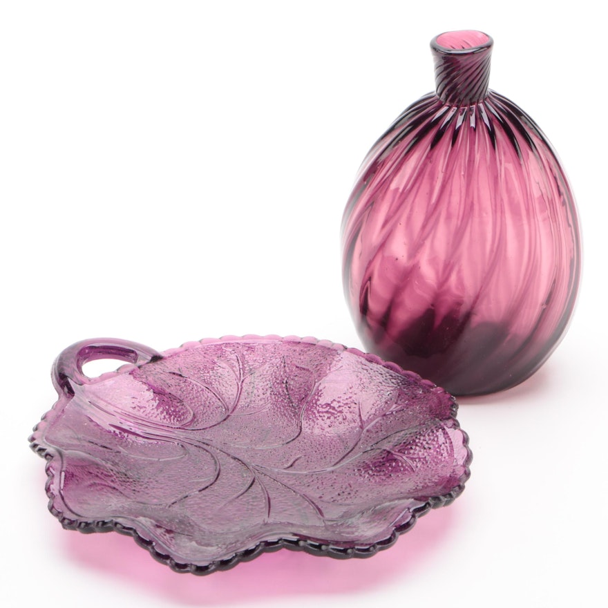 Indiana Glass Amethyst Pebble Leaf Plate and Hand Blown Swirl Glass Bud Vase
