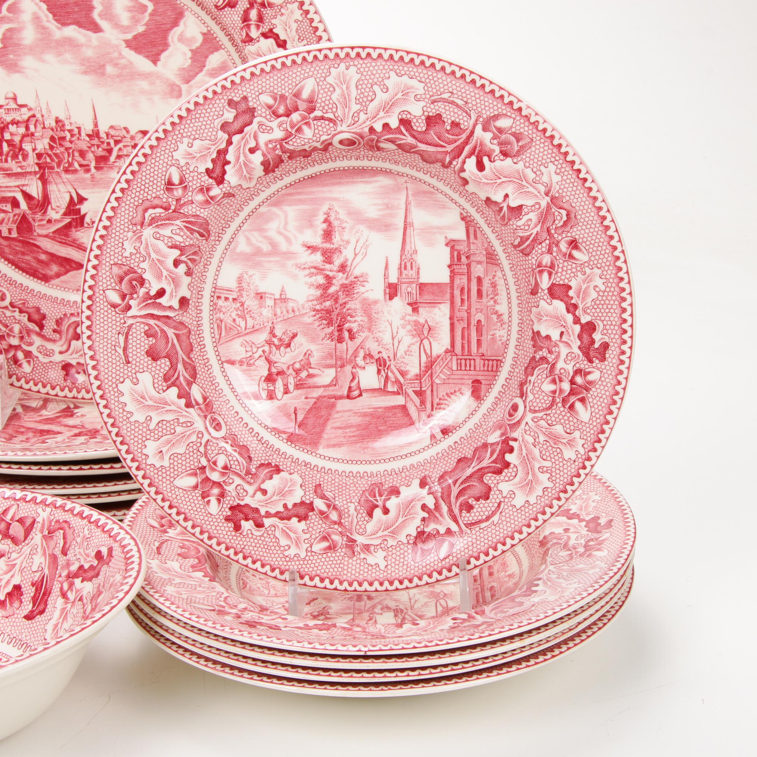 Johnson Bros "Historic America" Pink Transferware Dinnerware, Mid-20th Century