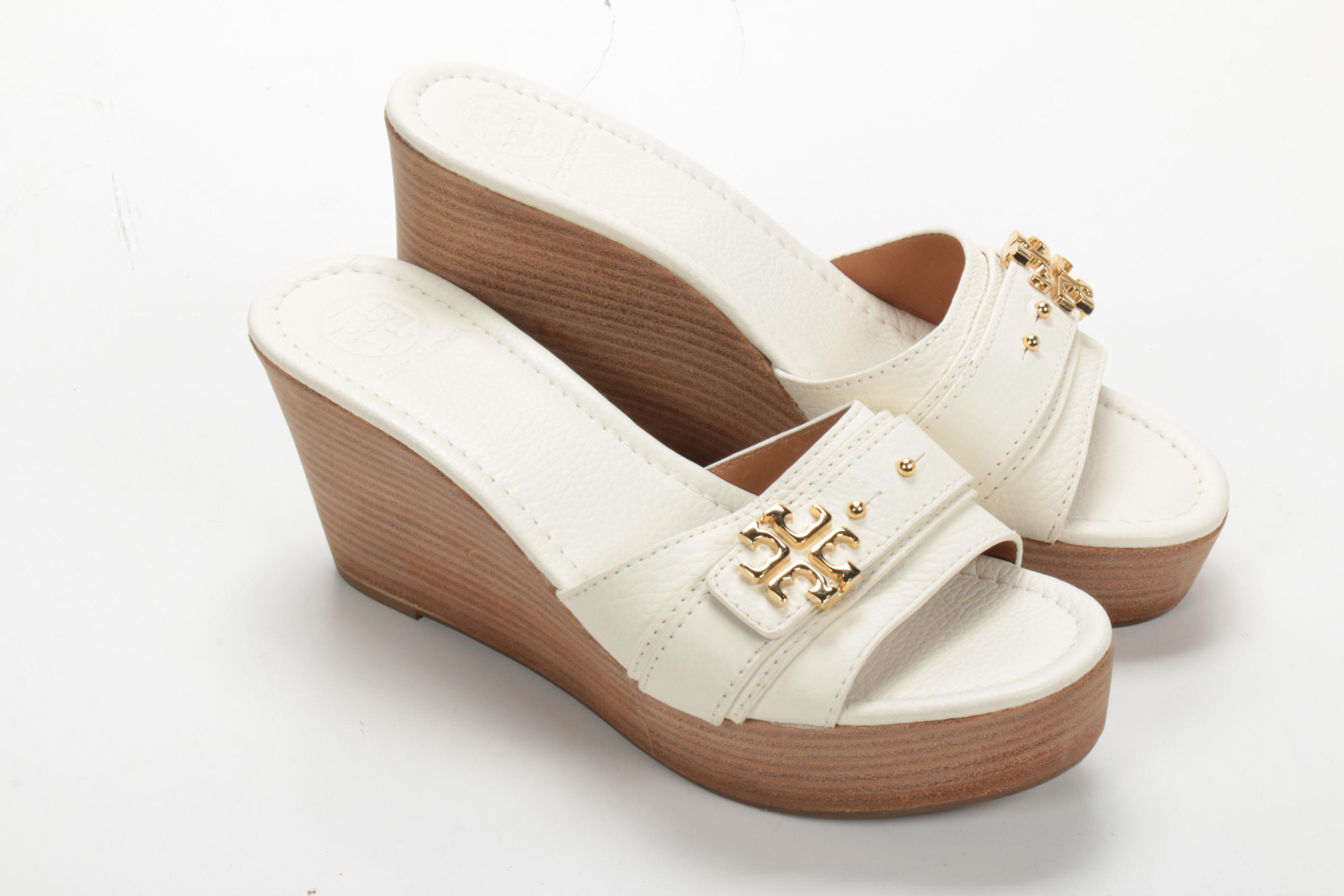 Tory Burch Wedge Heeled Slide Sandals in Grained White Leather