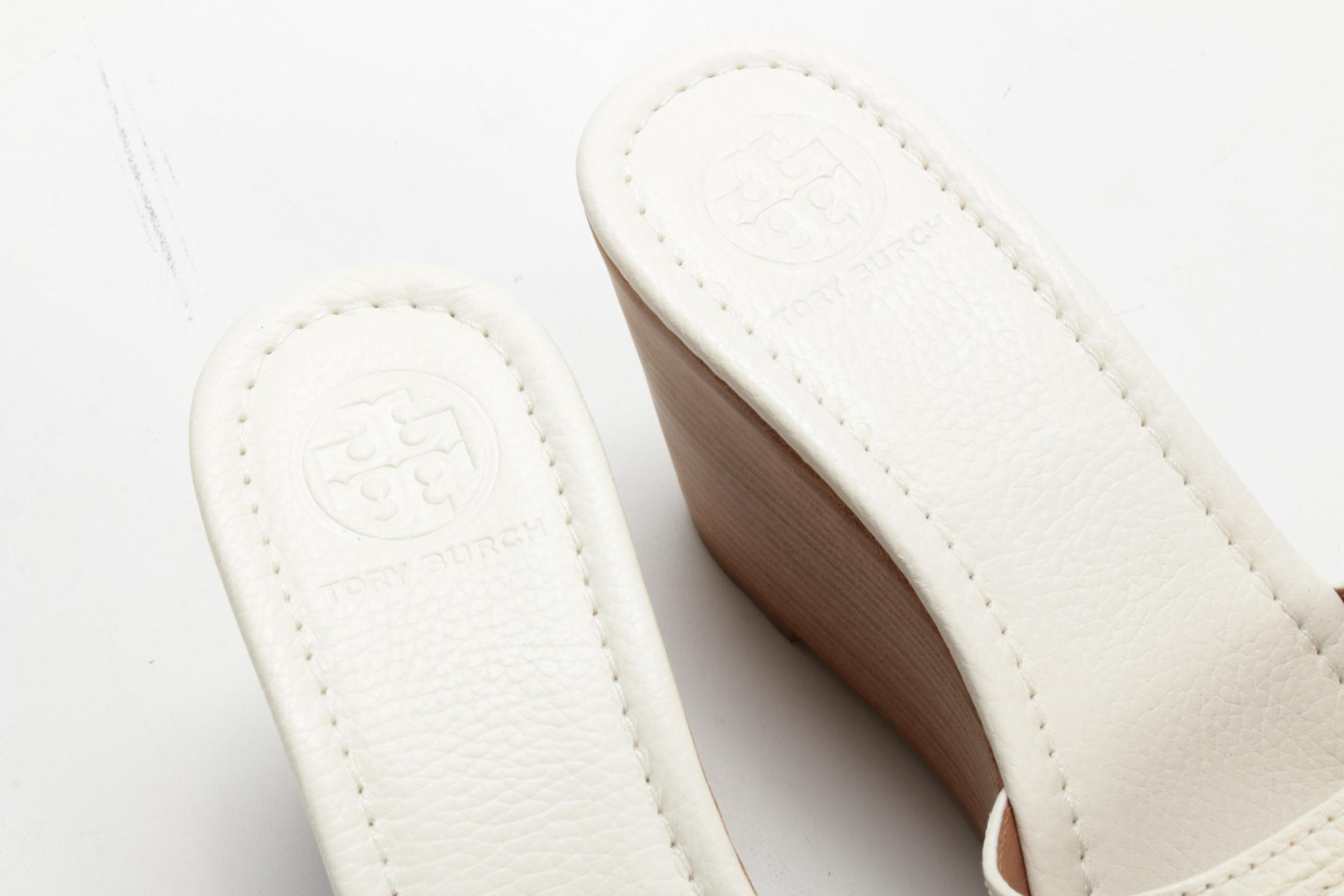 Tory Burch Wedge Heeled Slide Sandals in Grained White Leather