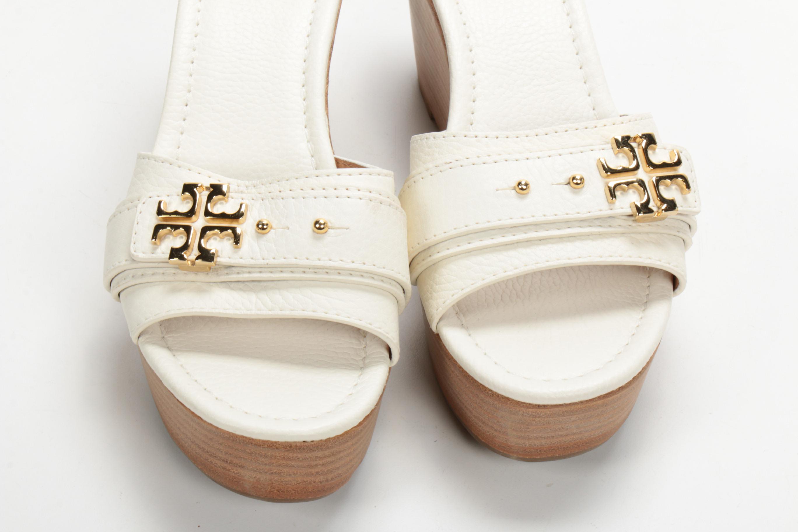 Tory Burch Wedge Heeled Slide Sandals in Grained White Leather