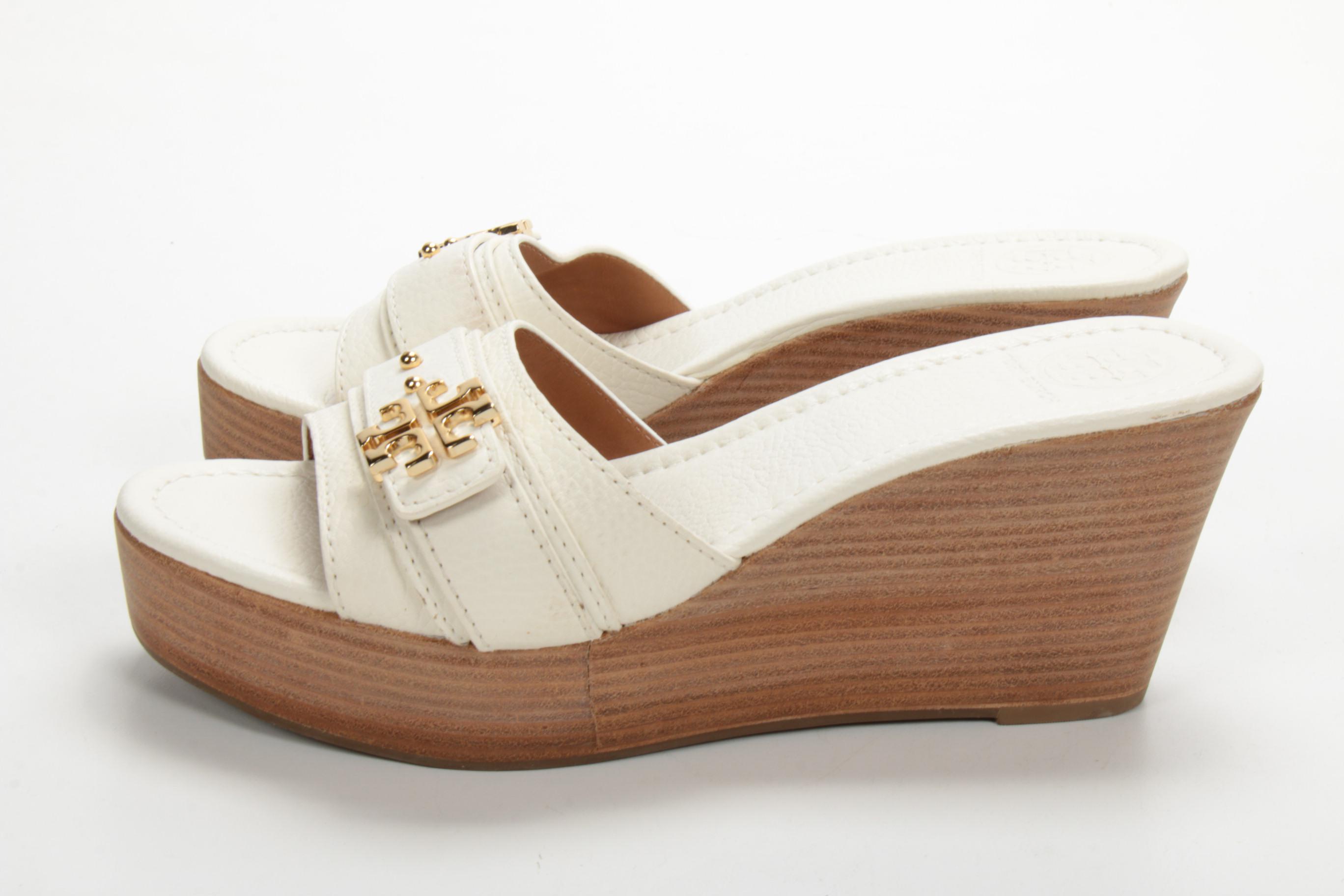 Tory Burch Wedge Heeled Slide Sandals in Grained White Leather