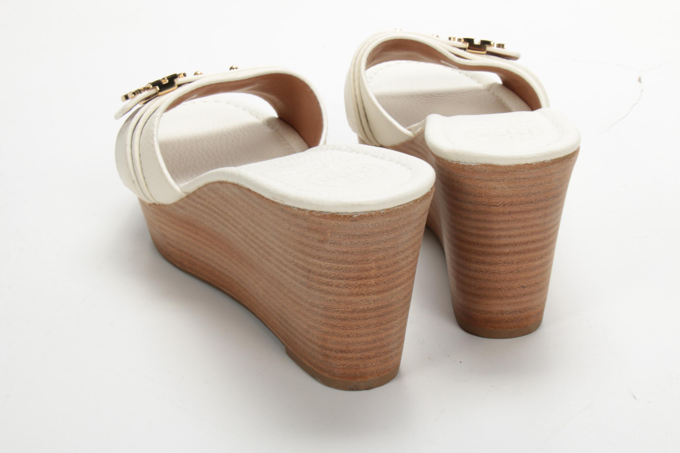 Tory Burch Wedge Heeled Slide Sandals in Grained White Leather