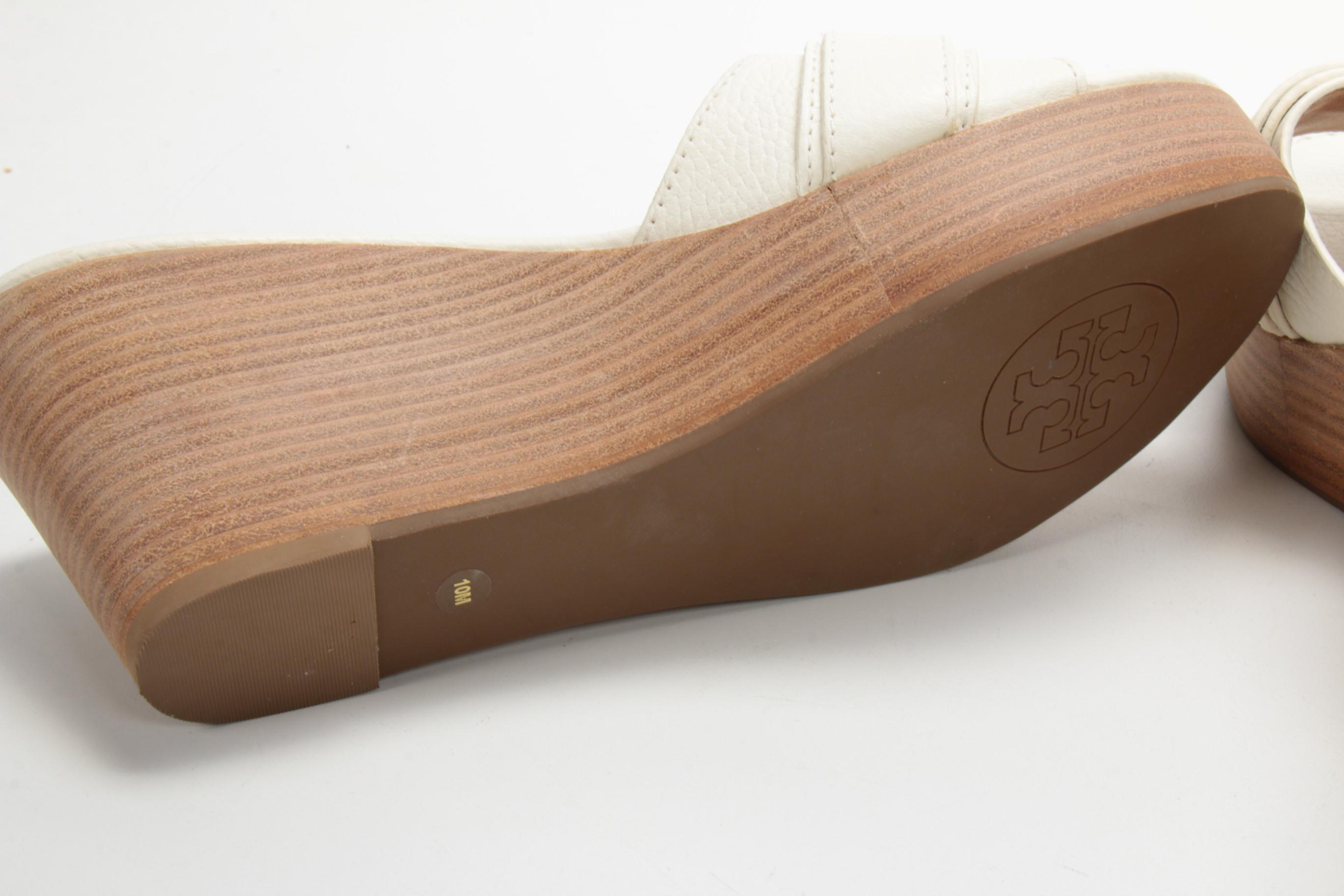 Tory Burch Wedge Heeled Slide Sandals in Grained White Leather