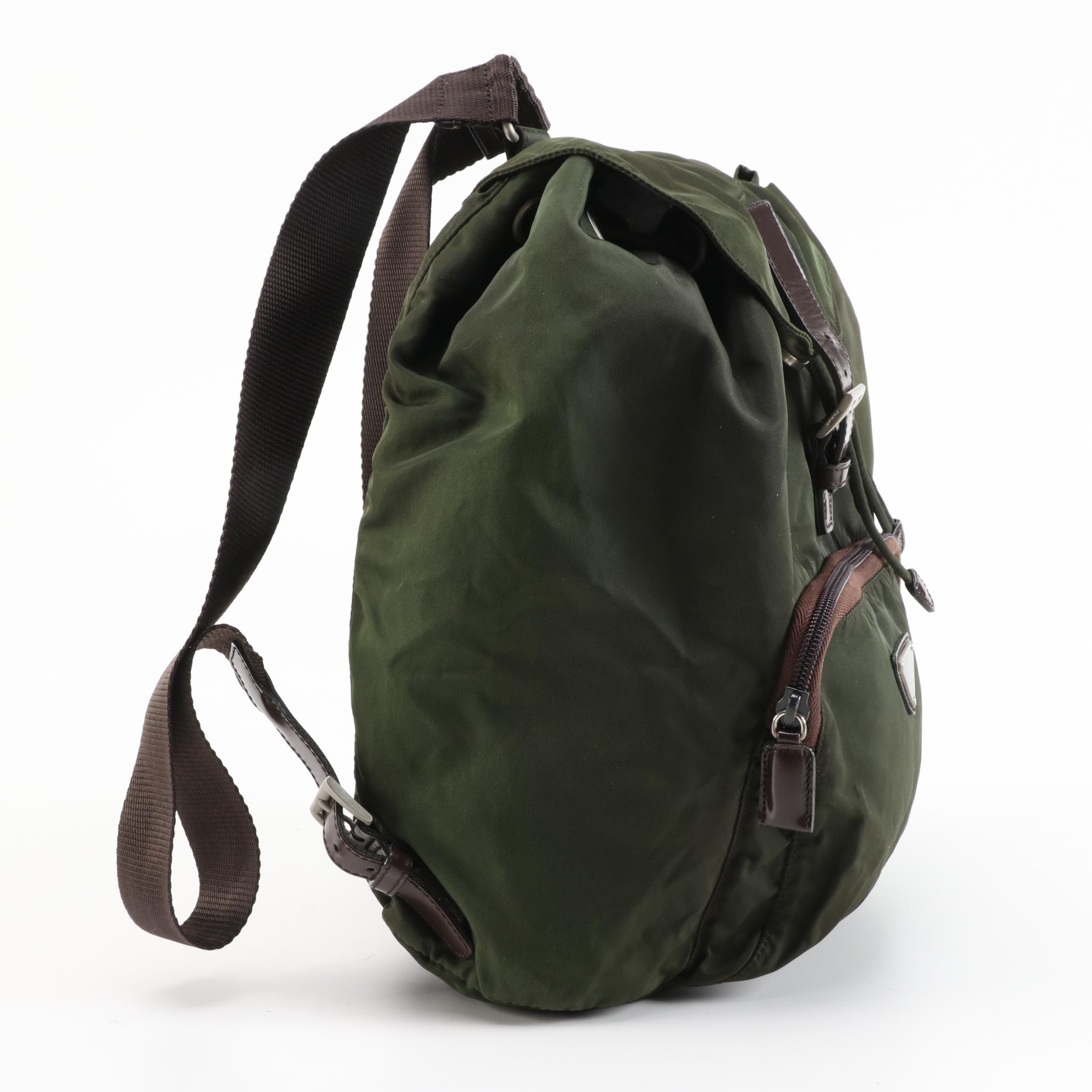 Prada Green Nylon and Brown Leather Backpack Purse