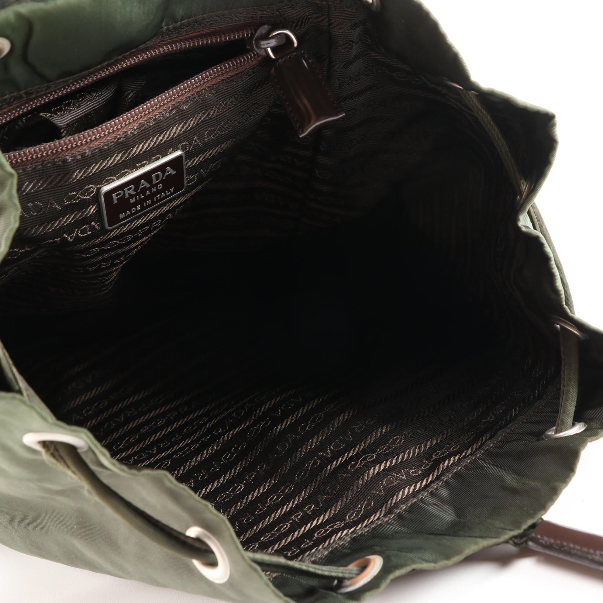 Prada Green Nylon and Brown Leather Backpack Purse