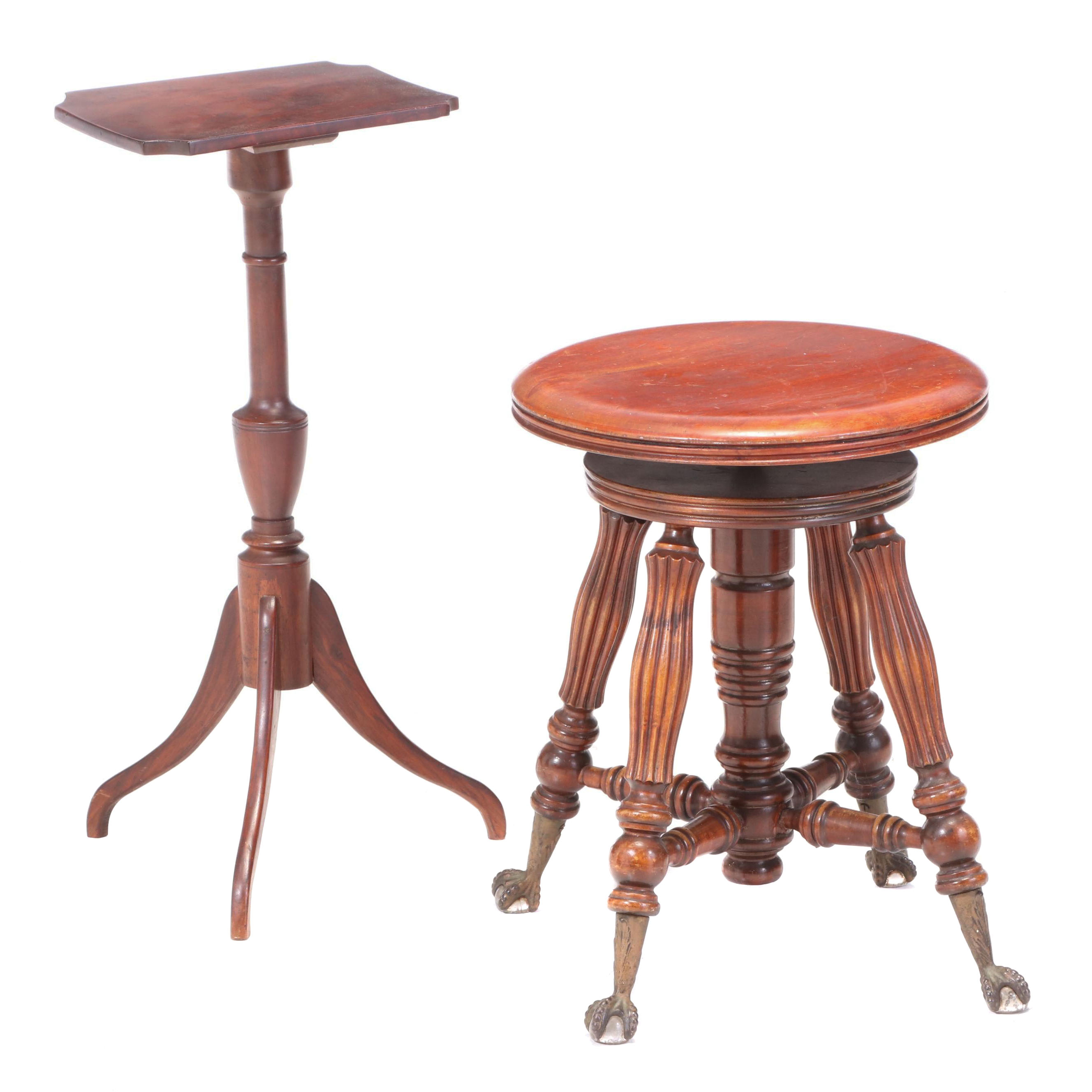 Tonk Late Victorian Birch Piano Stool and Federal Style Mahogany Candlestand
