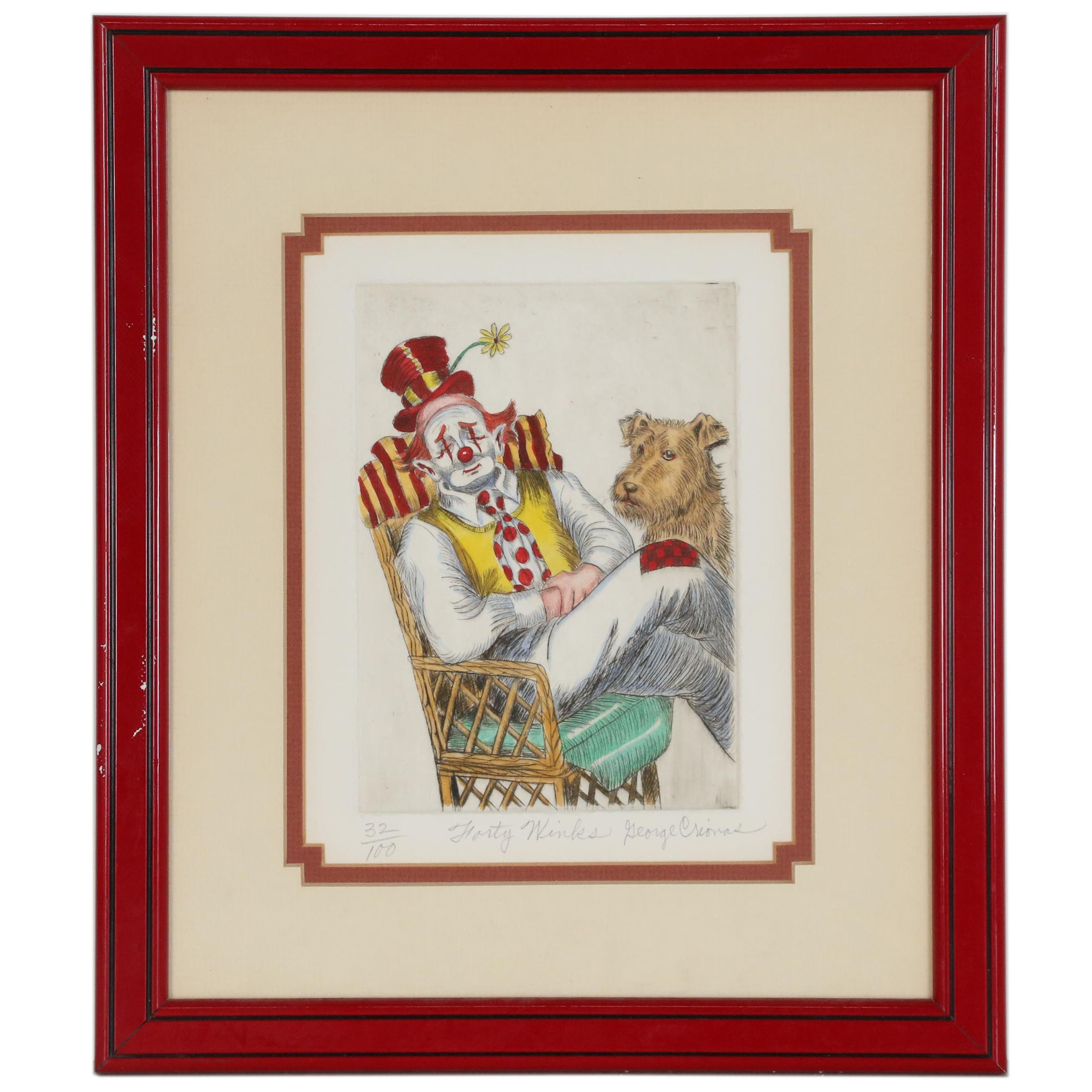 George Crionas Hand-colored Drypoint Etching of Clown "Forty Winks"