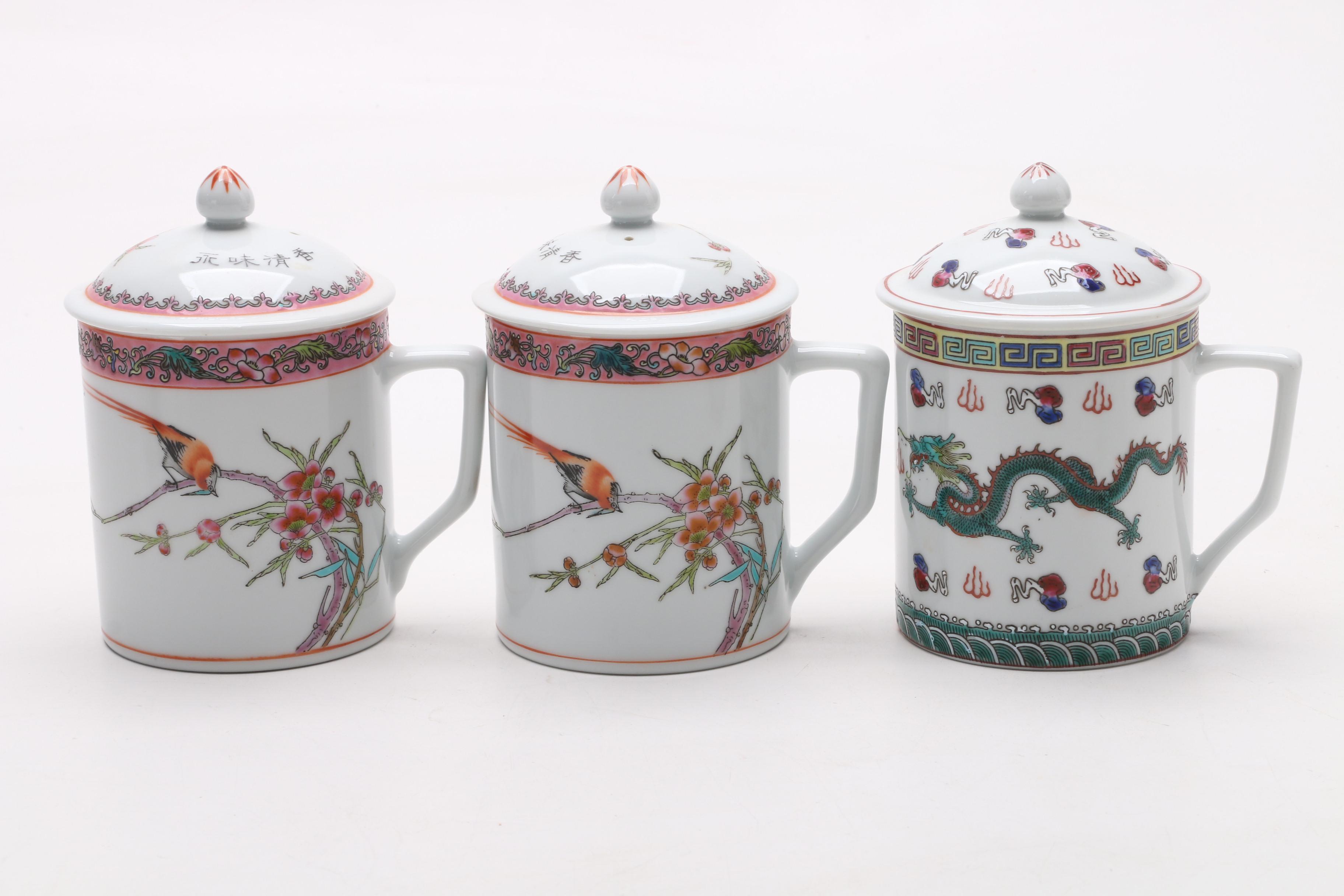 Chinese Ceramic Lidded Tea Mugs, Contemporary