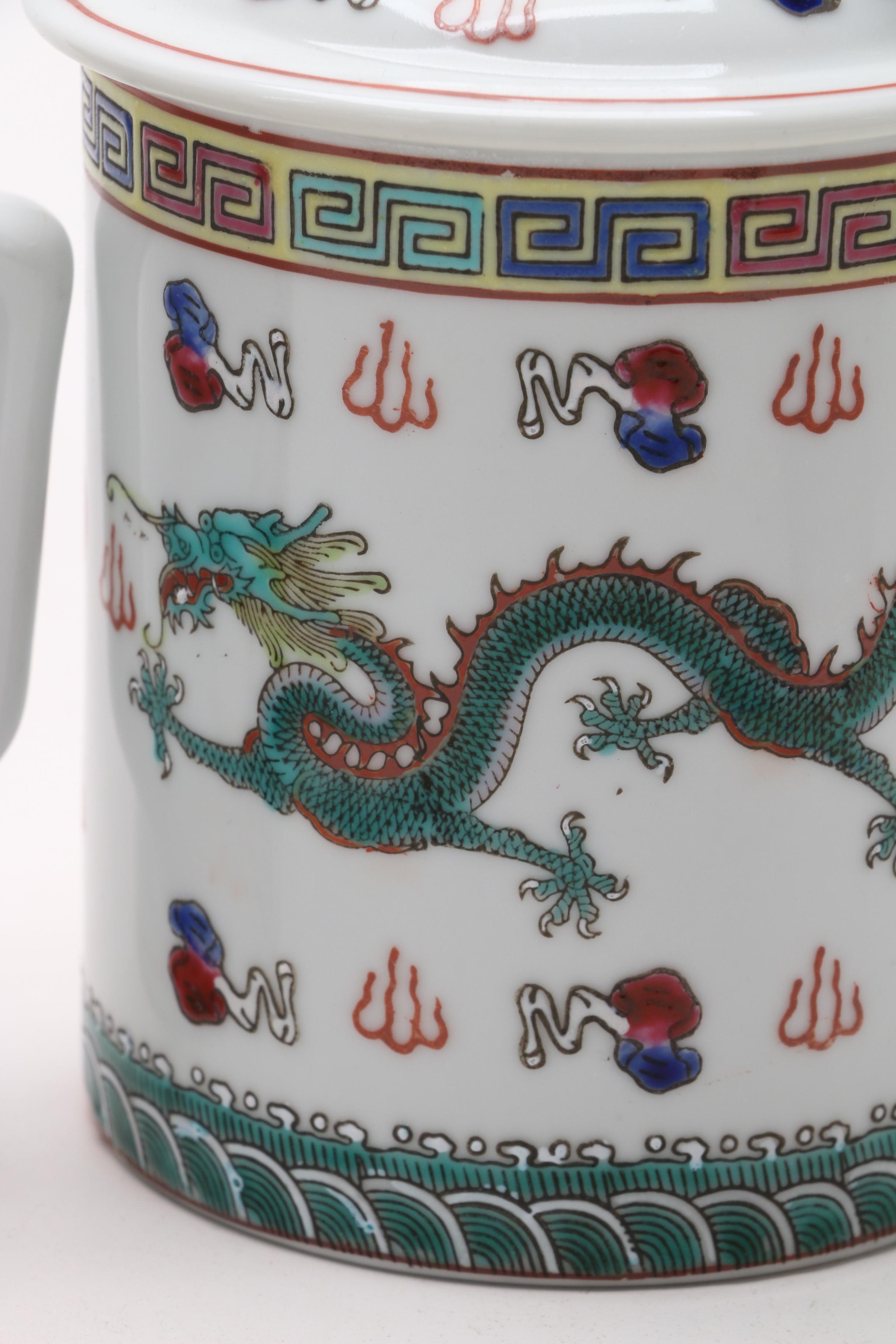 Chinese Ceramic Lidded Tea Mugs, Contemporary