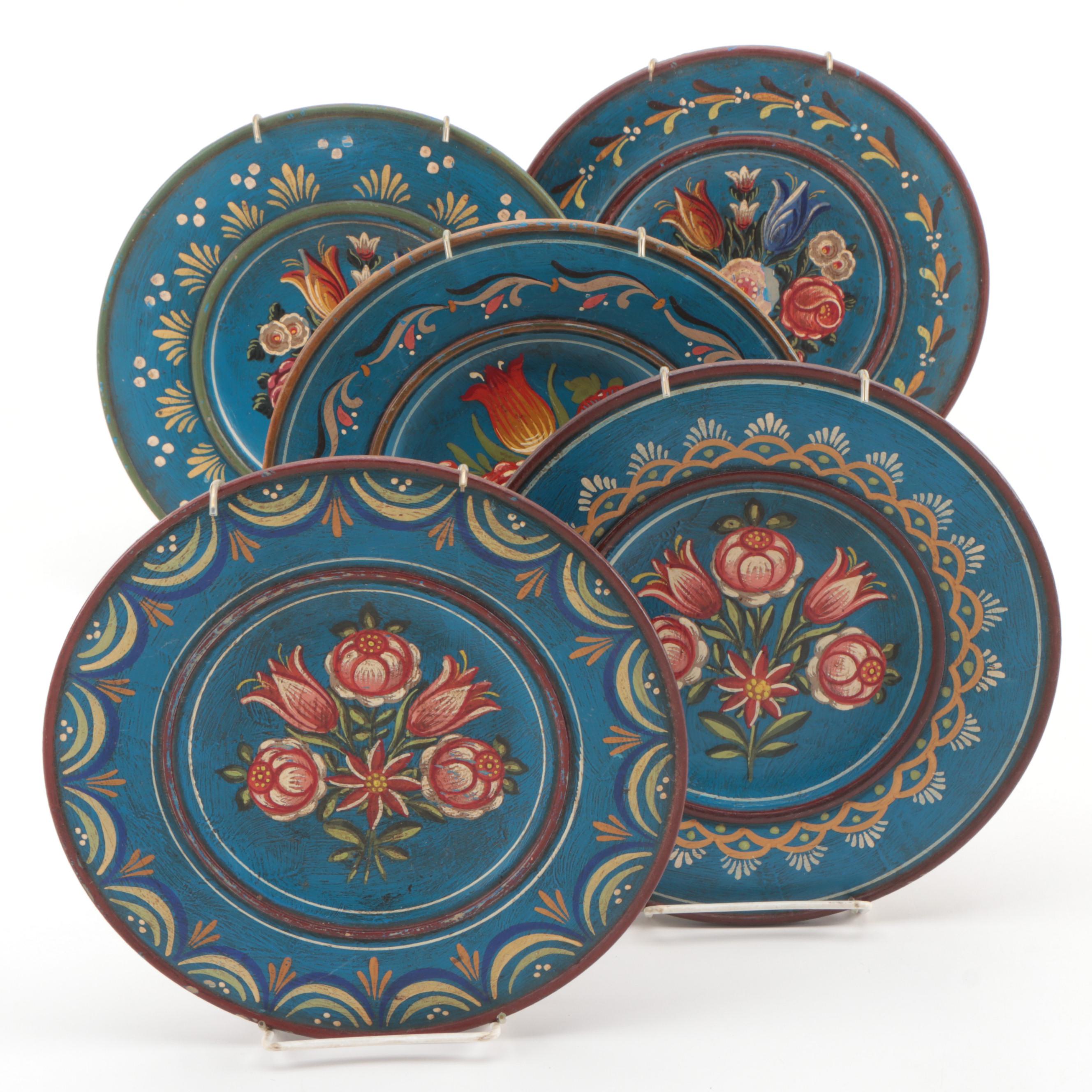 Scandinavian Folk Art Hand Painted Wooden Wall Décor Plates