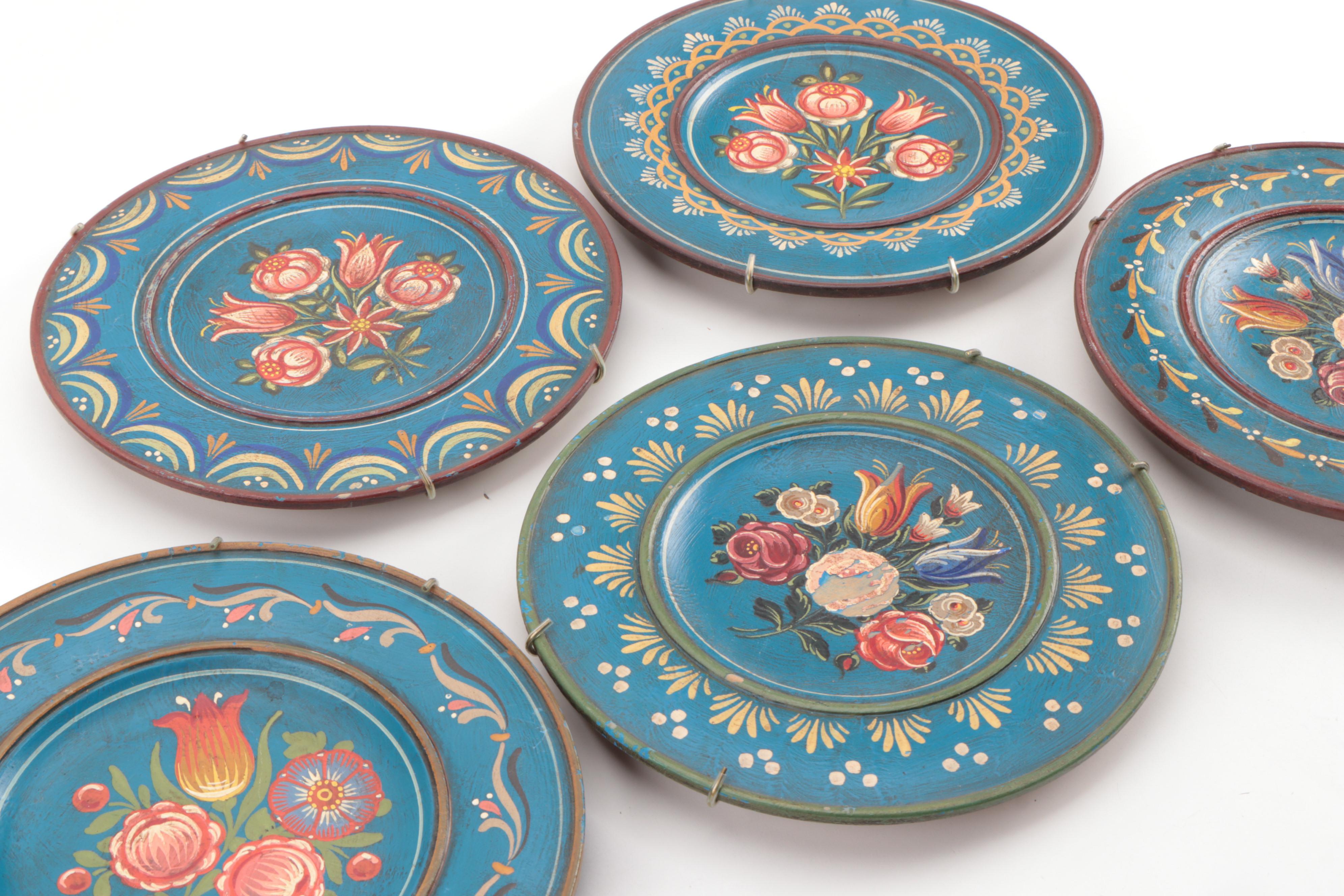 Scandinavian Folk Art Hand Painted Wooden Wall Décor Plates