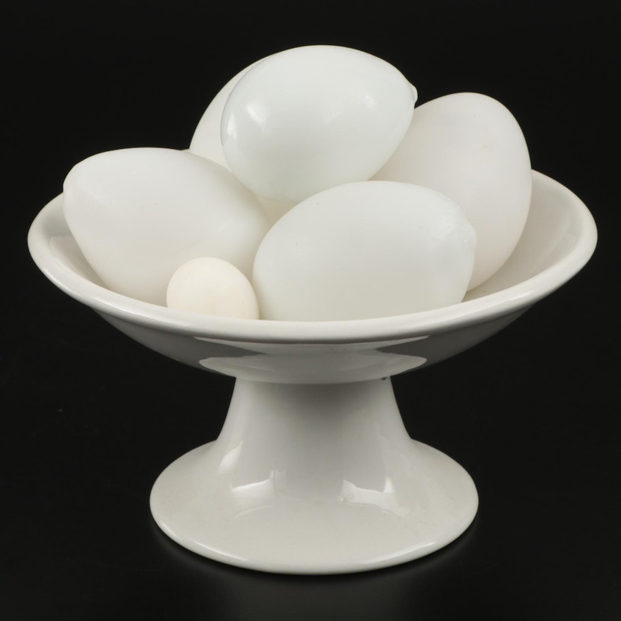 Ceramic Compote Bowl with Stone and Hand Blown Glass Eggs