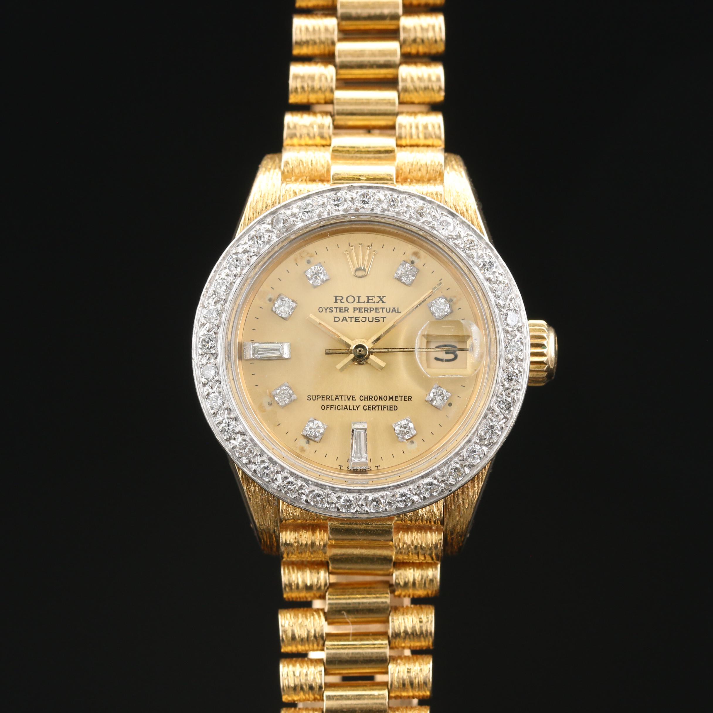 1982 Rolex Datejust 18K Bark Finished Gold and Diamond Automatic Watch