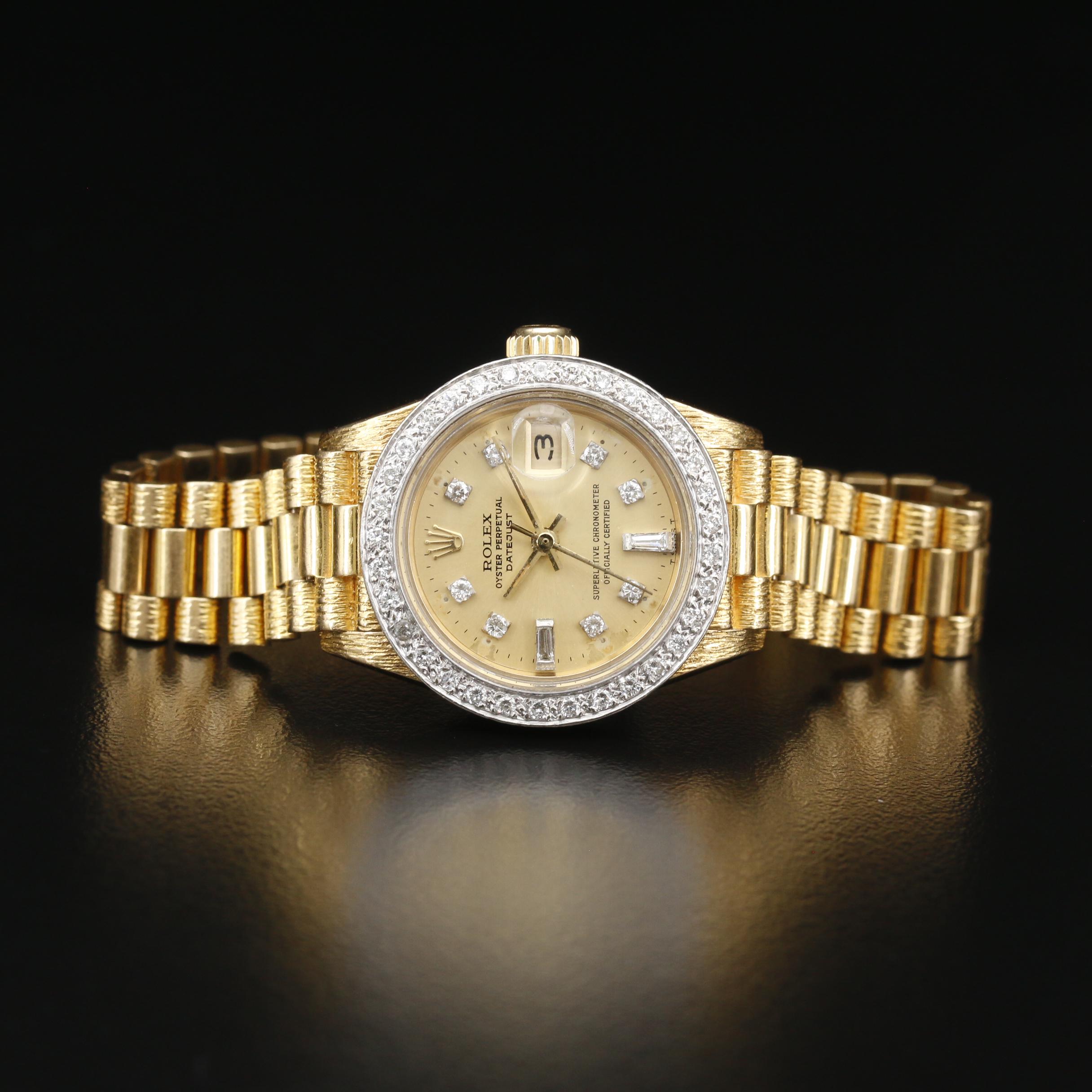 1982 Rolex Datejust 18K Bark Finished Gold and Diamond Automatic Watch