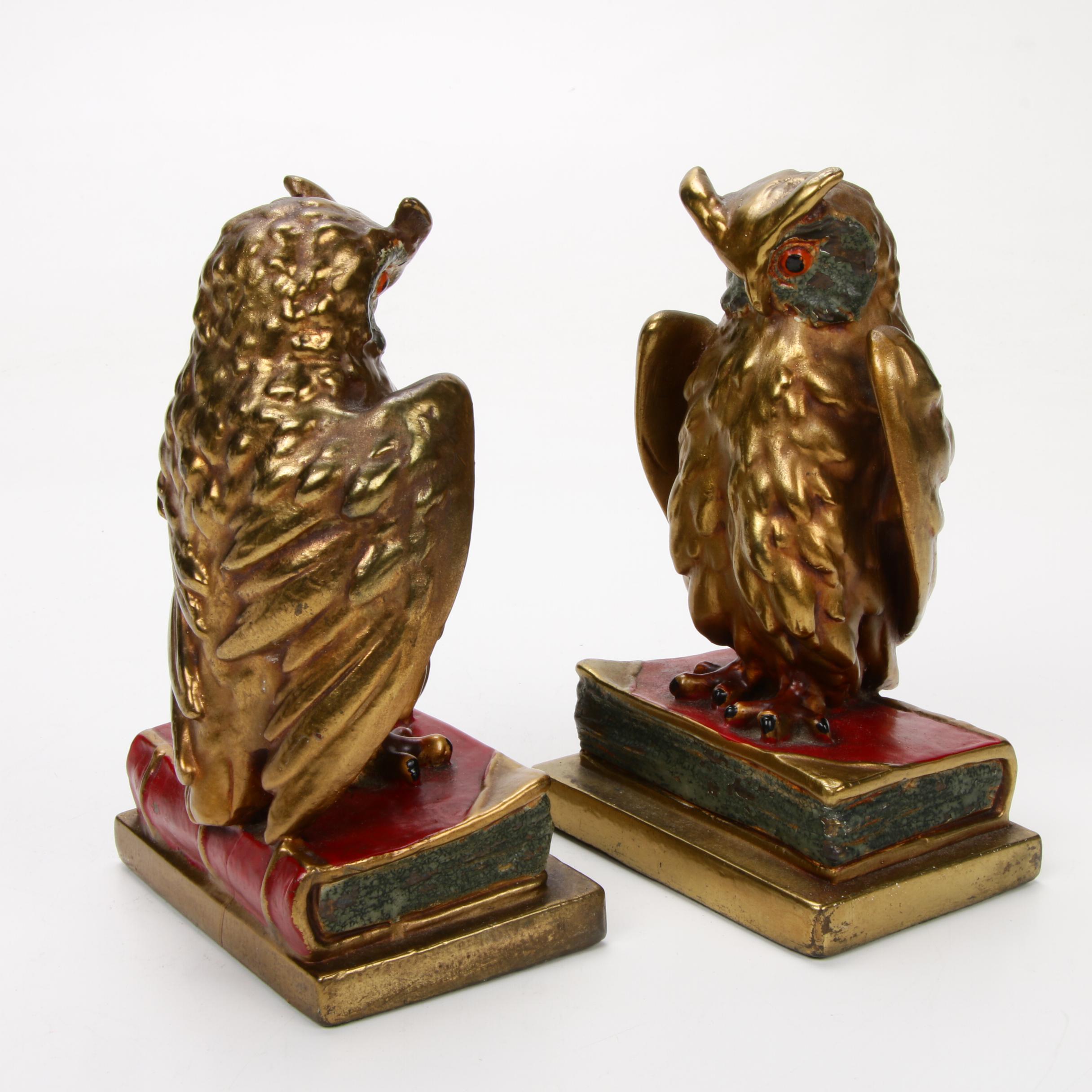 Pompeian Bronze Co Hand-Painted Owl Bookends, 1920s