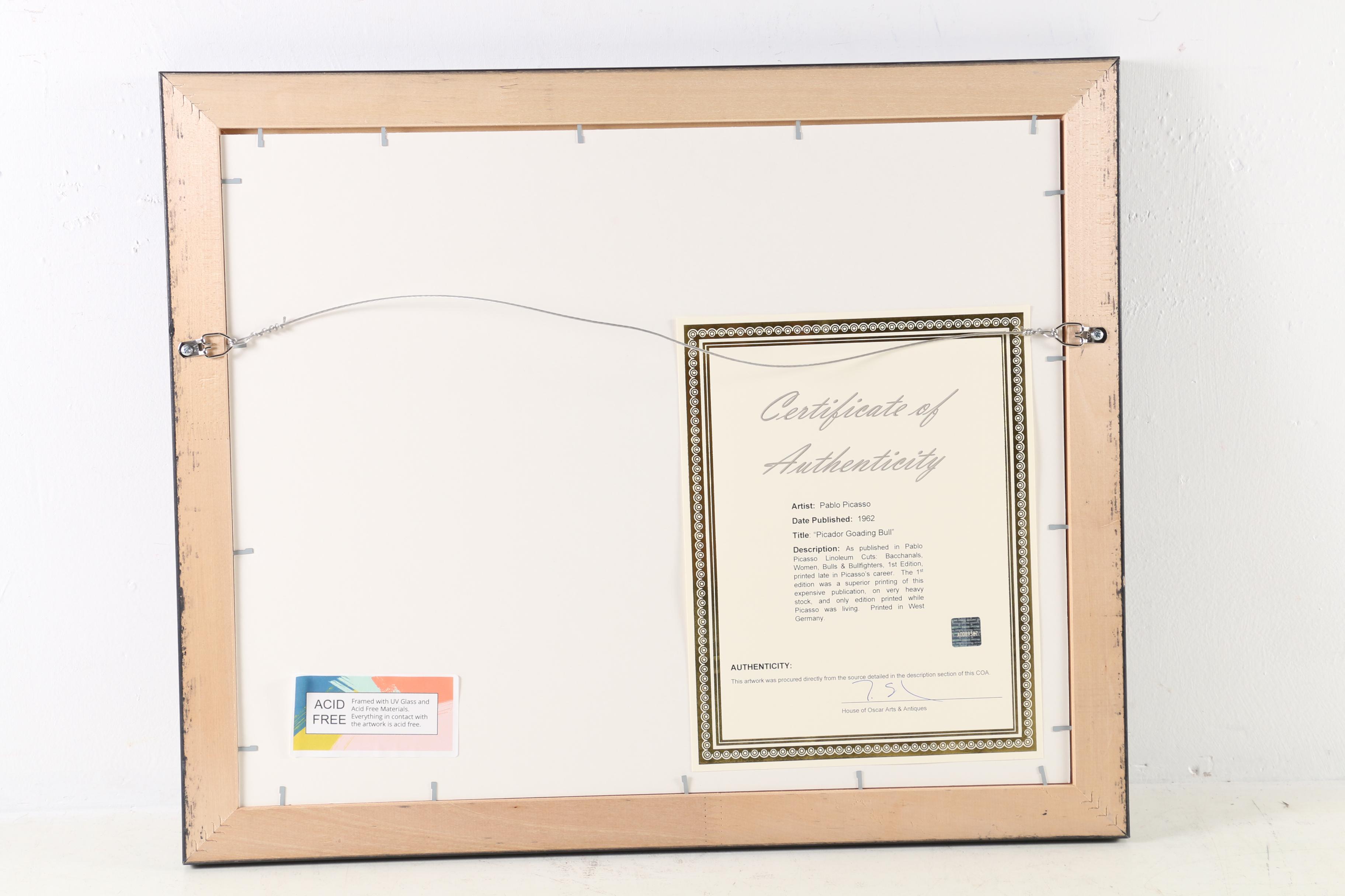 Pablo Picasso Linoleum Cut "Picador Goading Bull", 1962