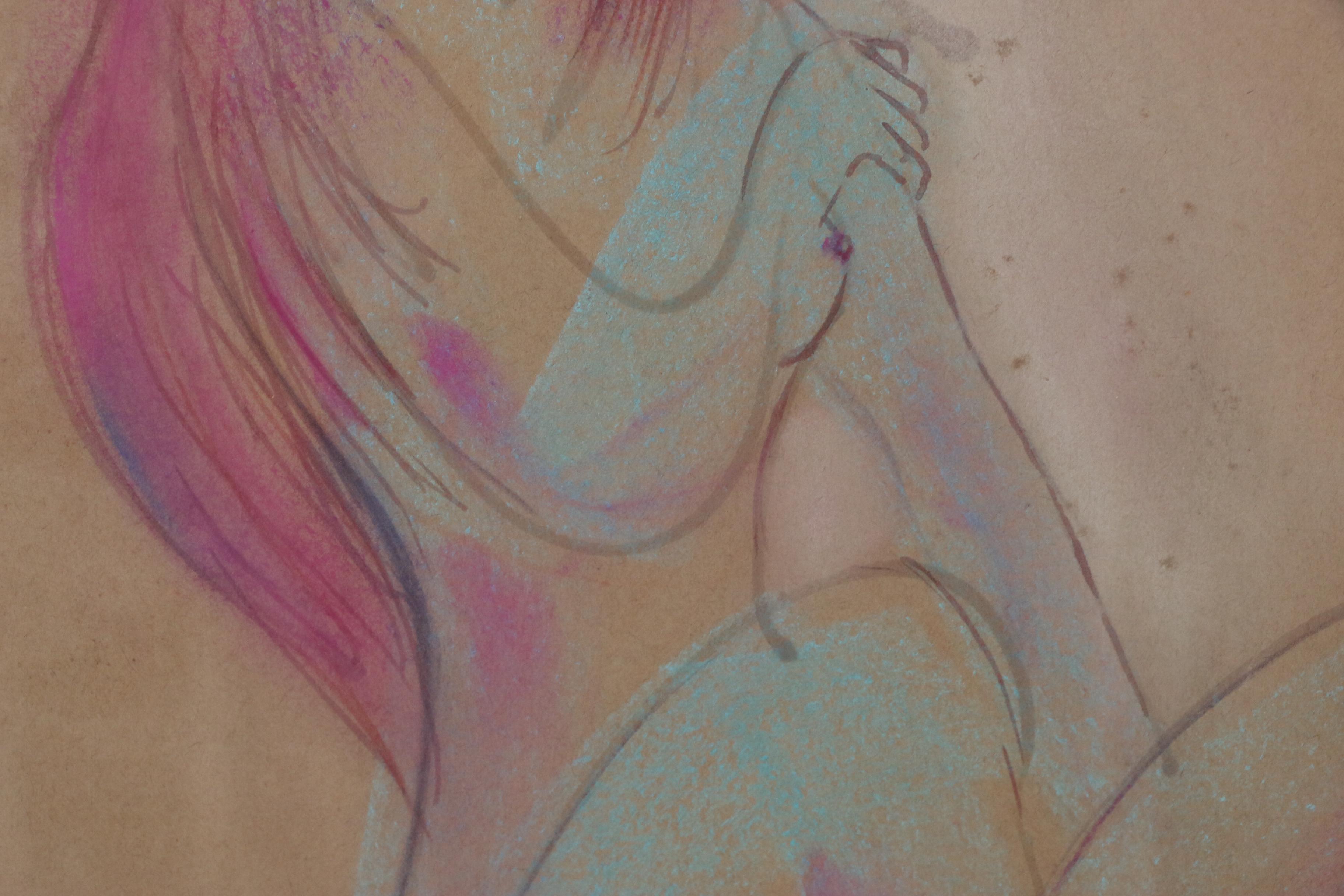 Franklin Folger Figure Pastel Drawing of Seated Female Nude