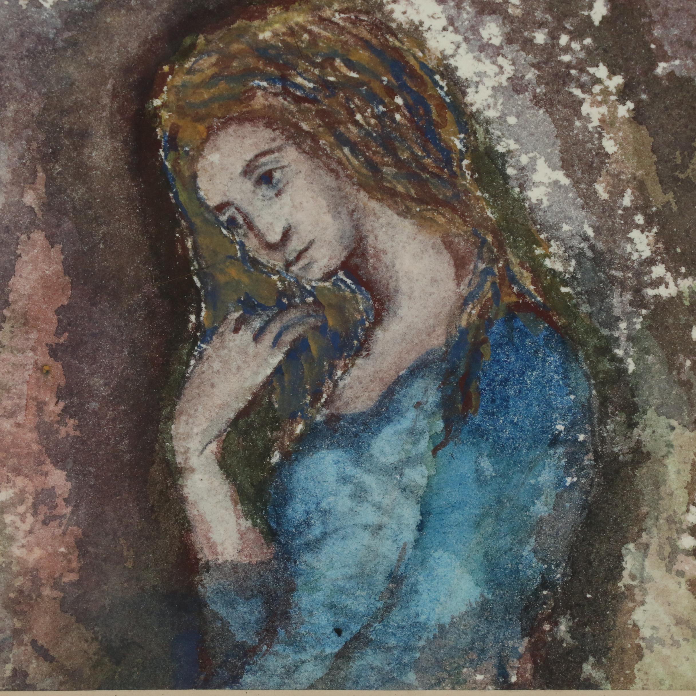 June Ruff Figure Watercolor Painting of Woman in Blue Dress