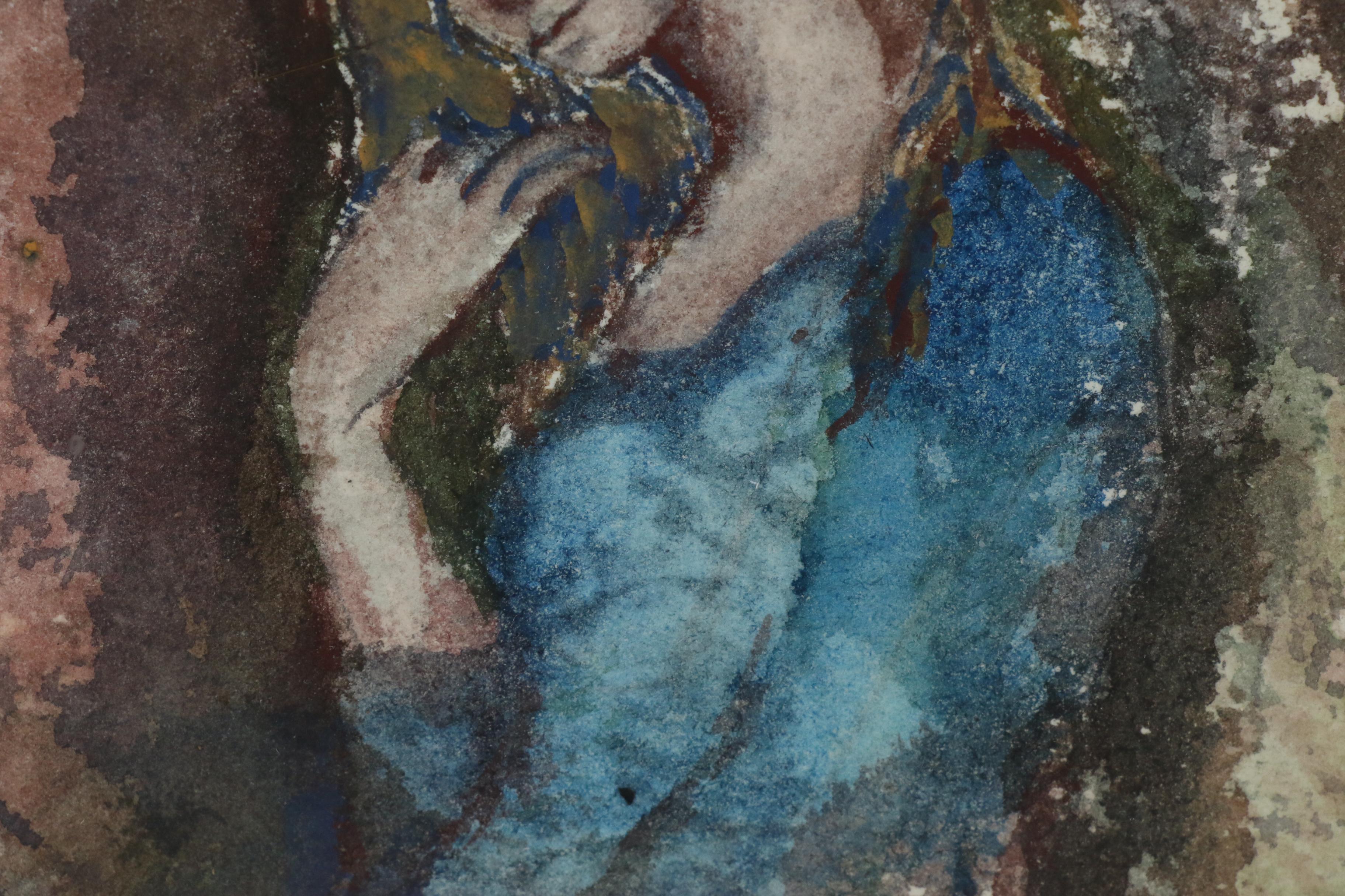 June Ruff Figure Watercolor Painting of Woman in Blue Dress