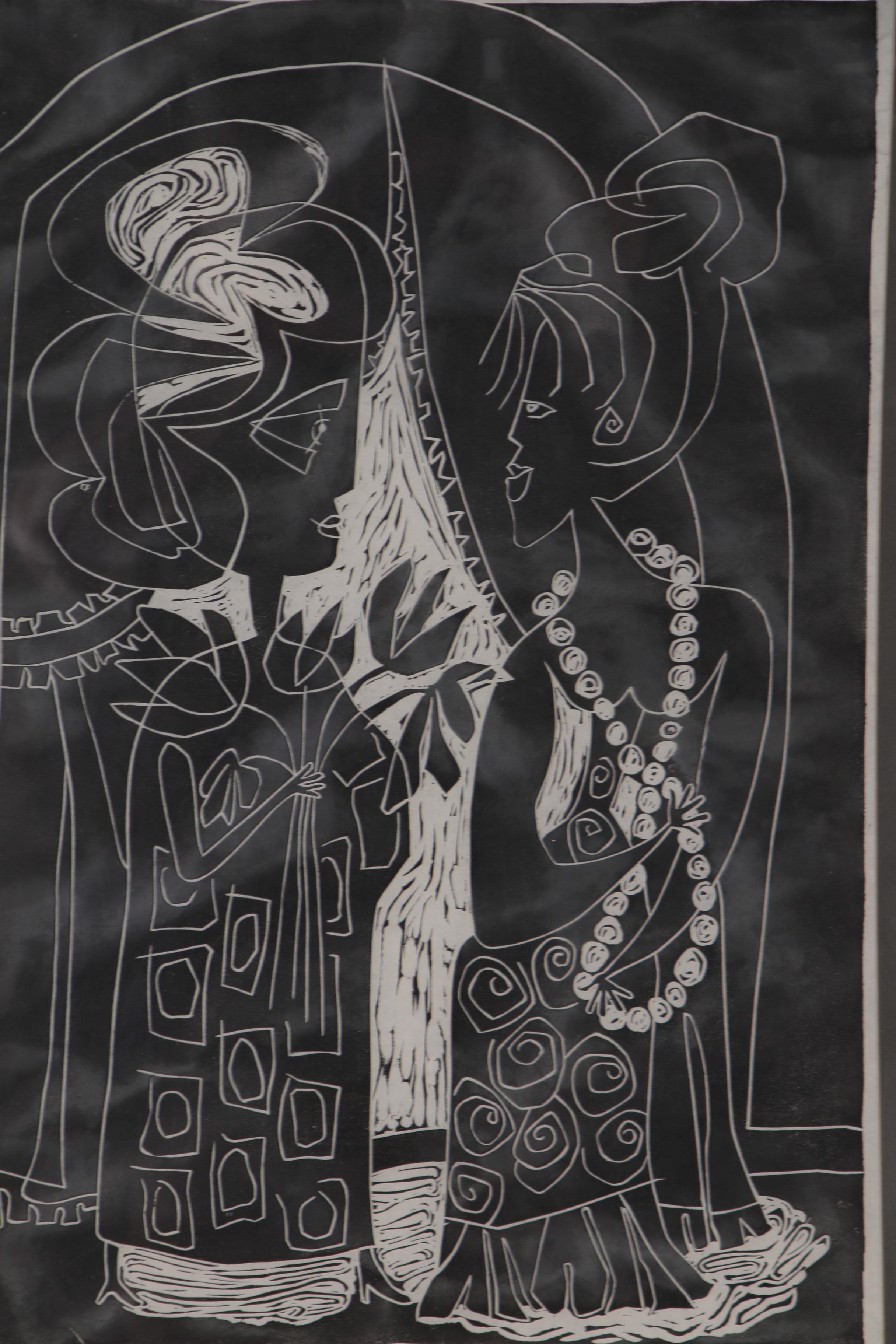 Evelyn Marx Woodcut Print "Colloquy", 1960