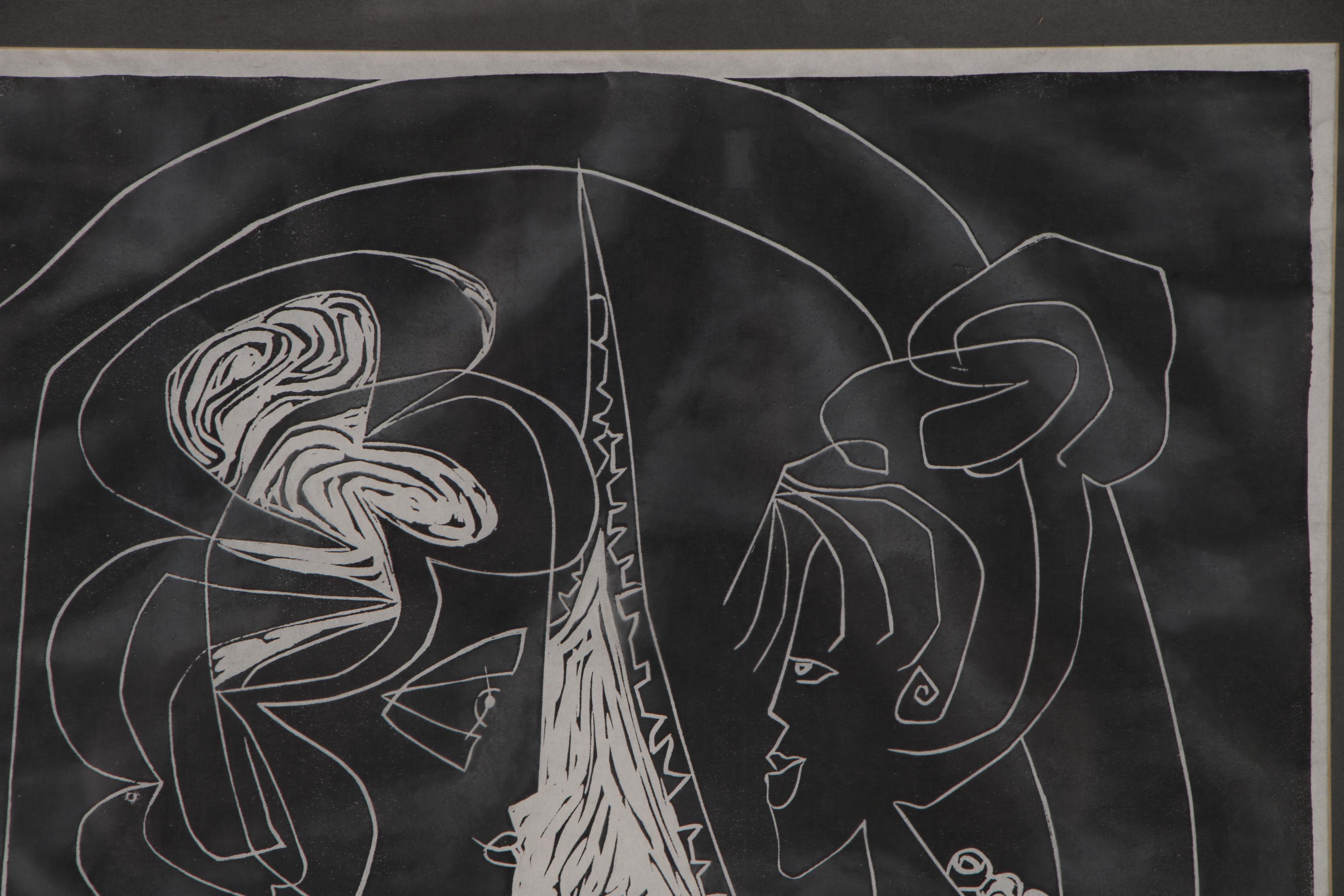 Evelyn Marx Woodcut Print "Colloquy", 1960