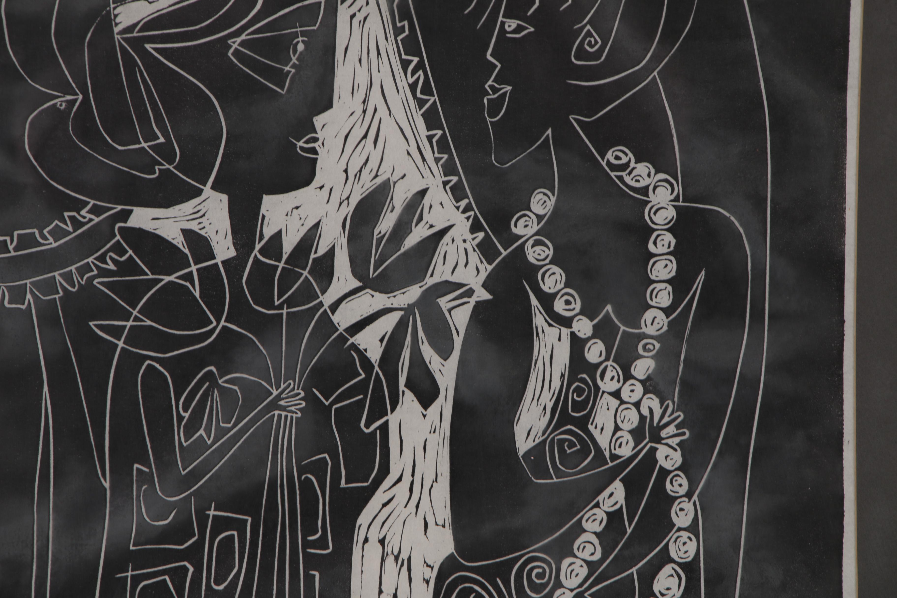 Evelyn Marx Woodcut Print "Colloquy", 1960