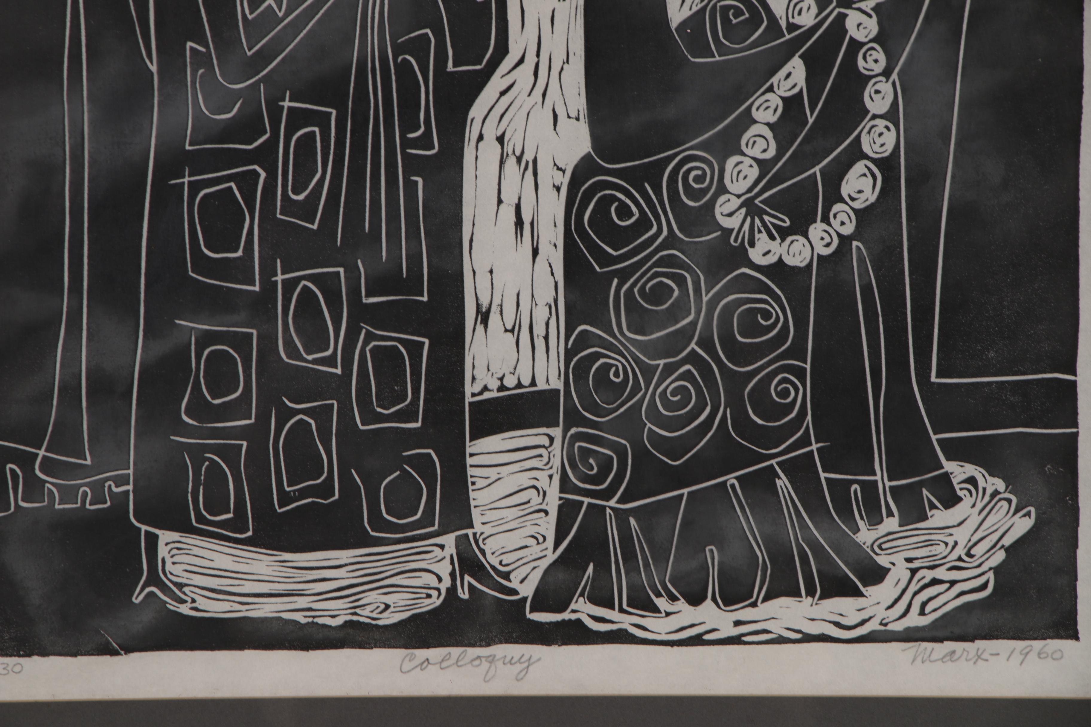 Evelyn Marx Woodcut Print "Colloquy", 1960