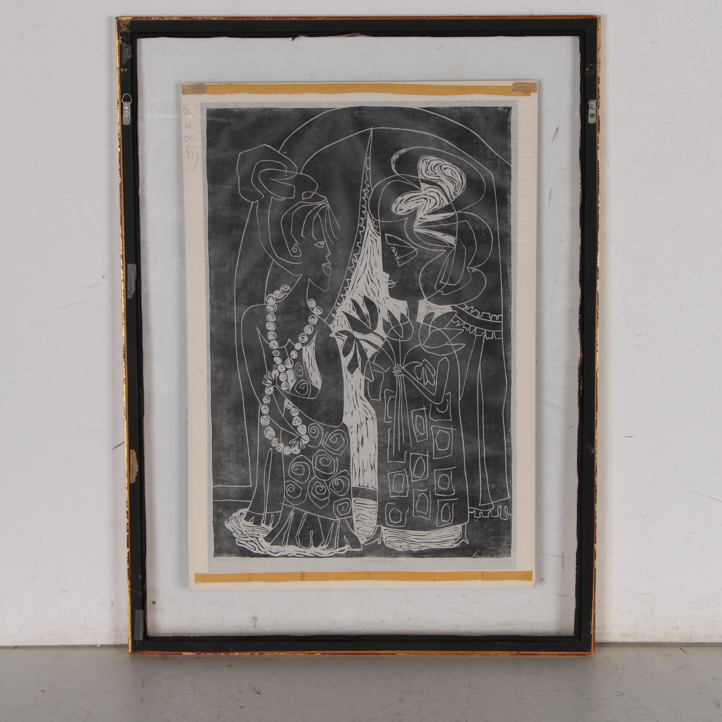 Evelyn Marx Woodcut Print "Colloquy", 1960