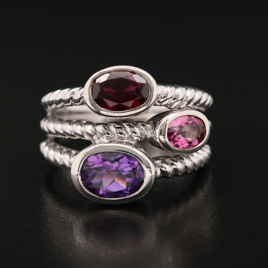 Sterling Amethyst, Garnet and Topaz Twisted Rope Detail Ring