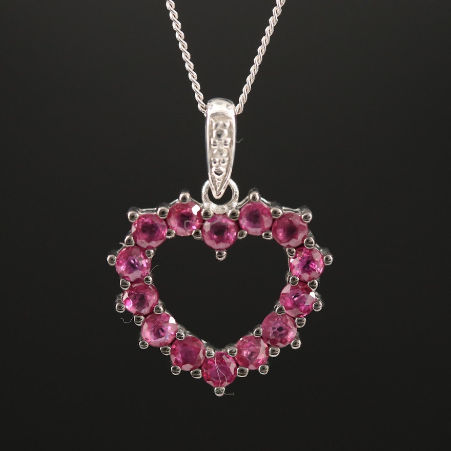 Sterling Silver Ruby Heart Pendant Necklace with Diamond Accent