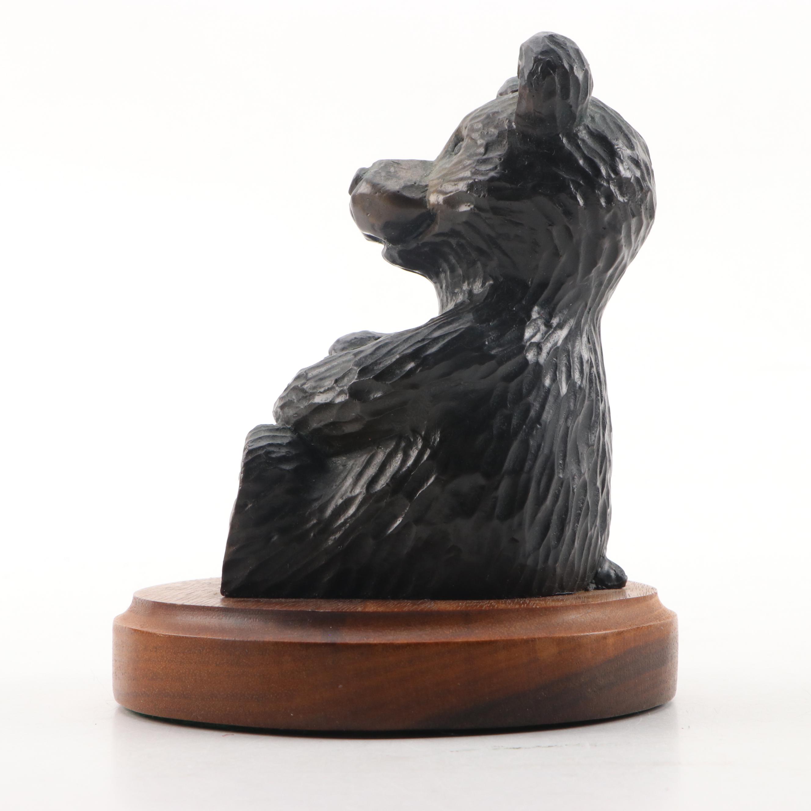 Metal Teddy Bear Figurine on Wooden Base