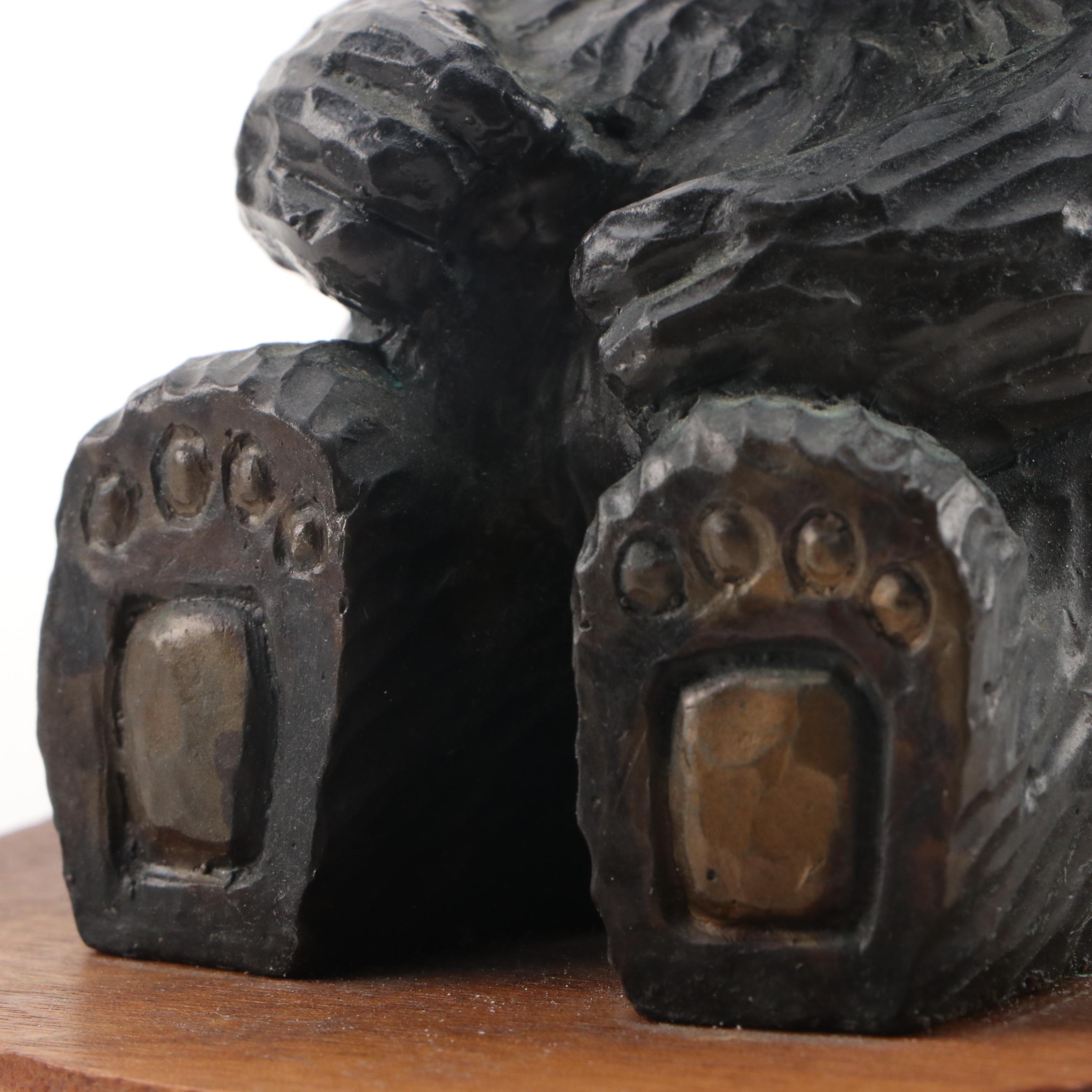 Metal Teddy Bear Figurine on Wooden Base