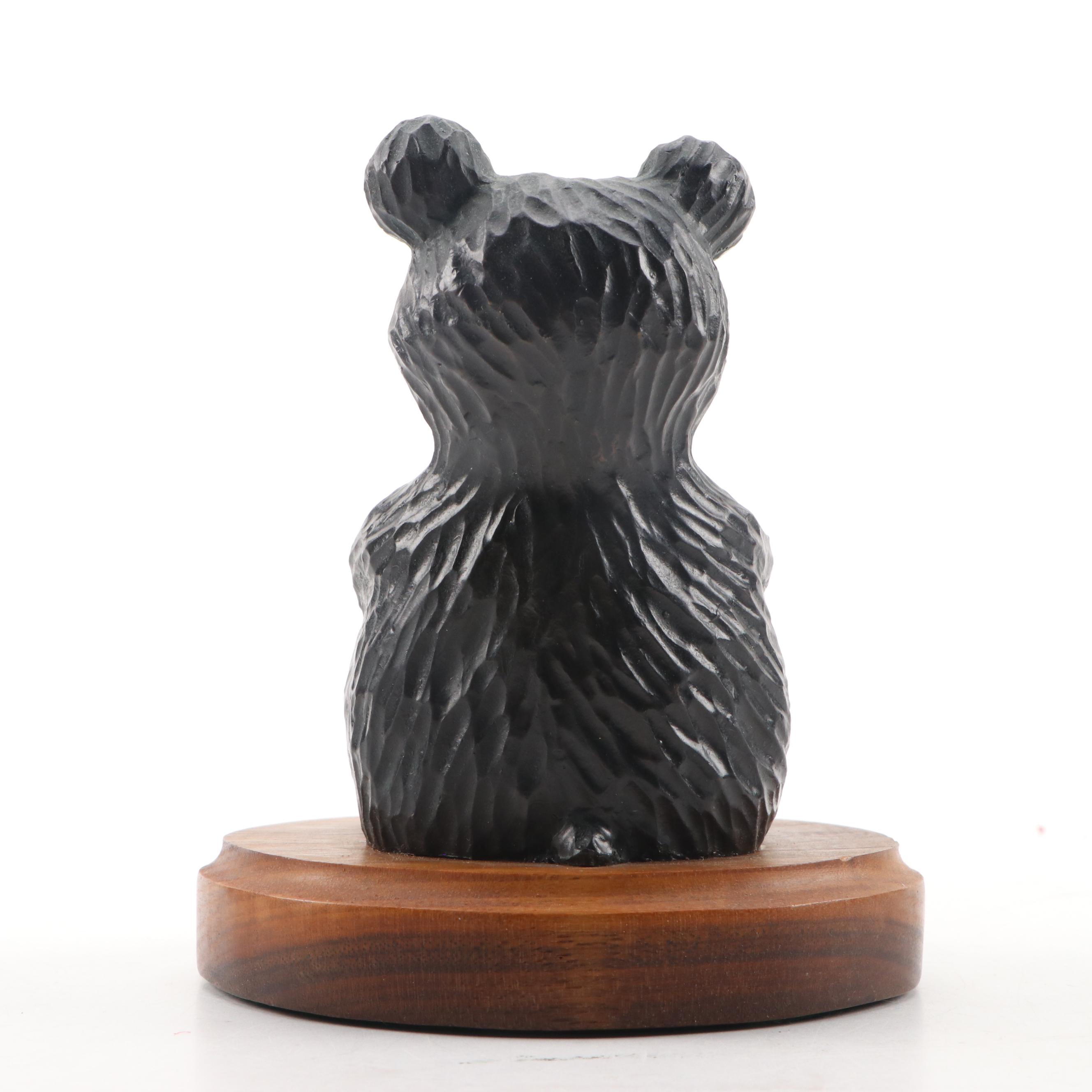 Metal Teddy Bear Figurine on Wooden Base