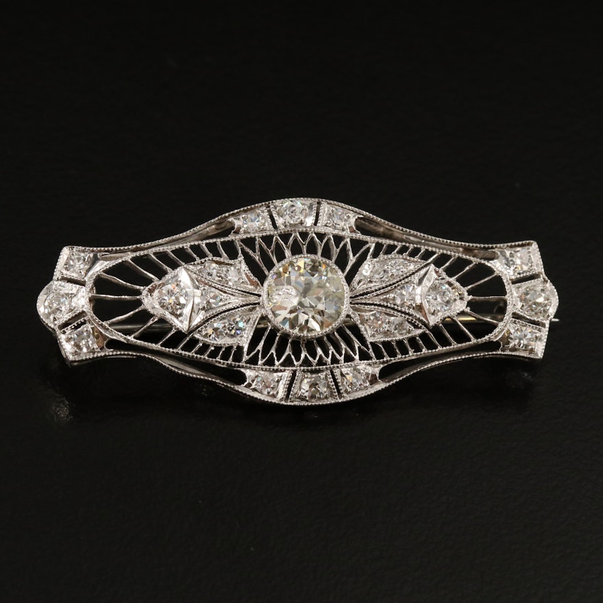 Circa 1920 Platinum 1.62 CTW Diamond Brooch with 18K Stem and Closure