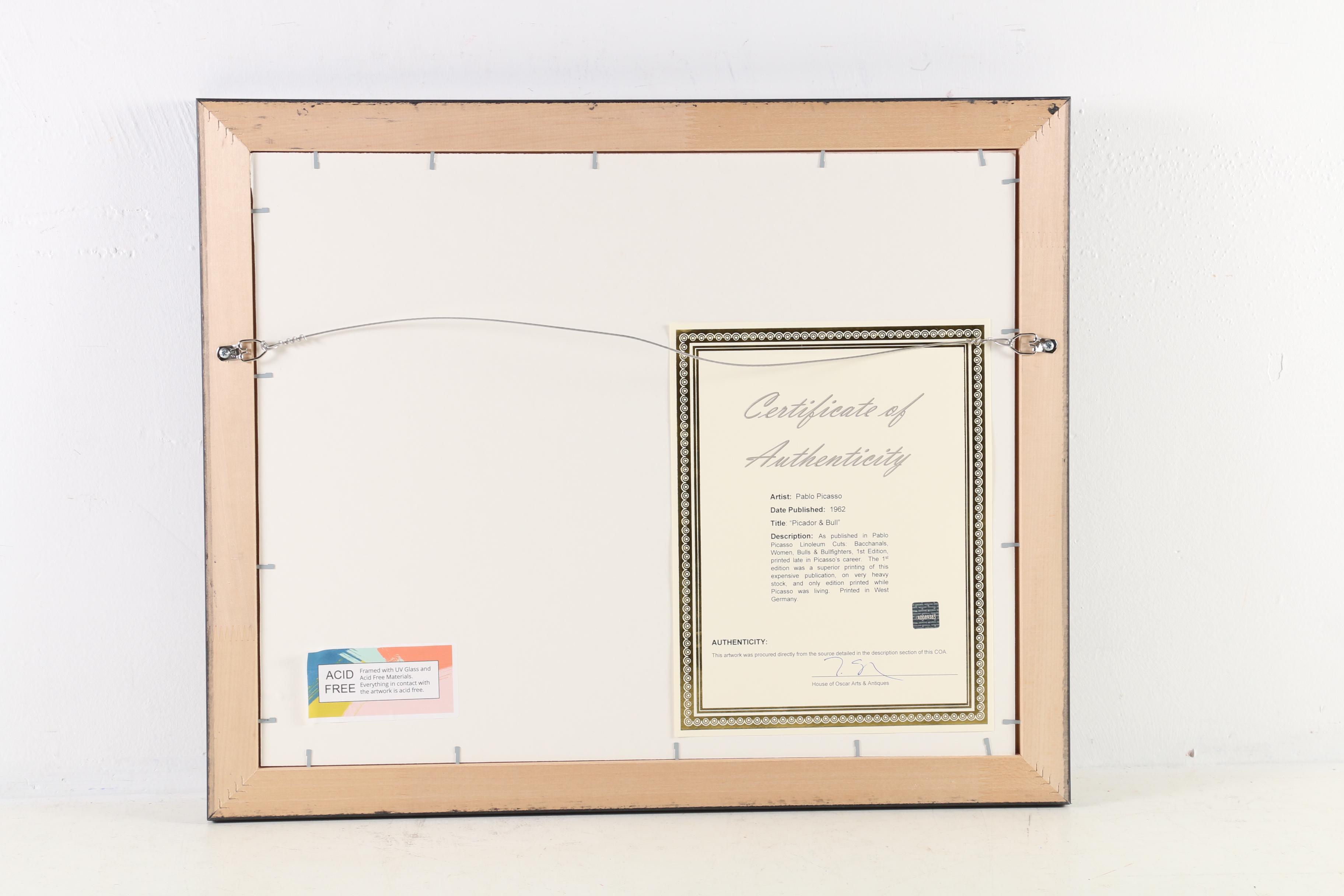 Pablo Picasso Linoleum Cut "Picador and Bull", 1962