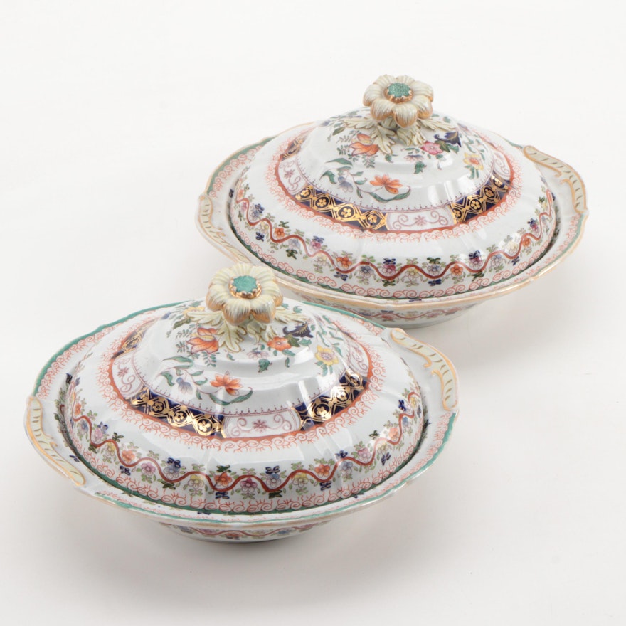 Pair of Mason's Chinoiserie Hand-Colored Transferware Covered Vegetable Dishes