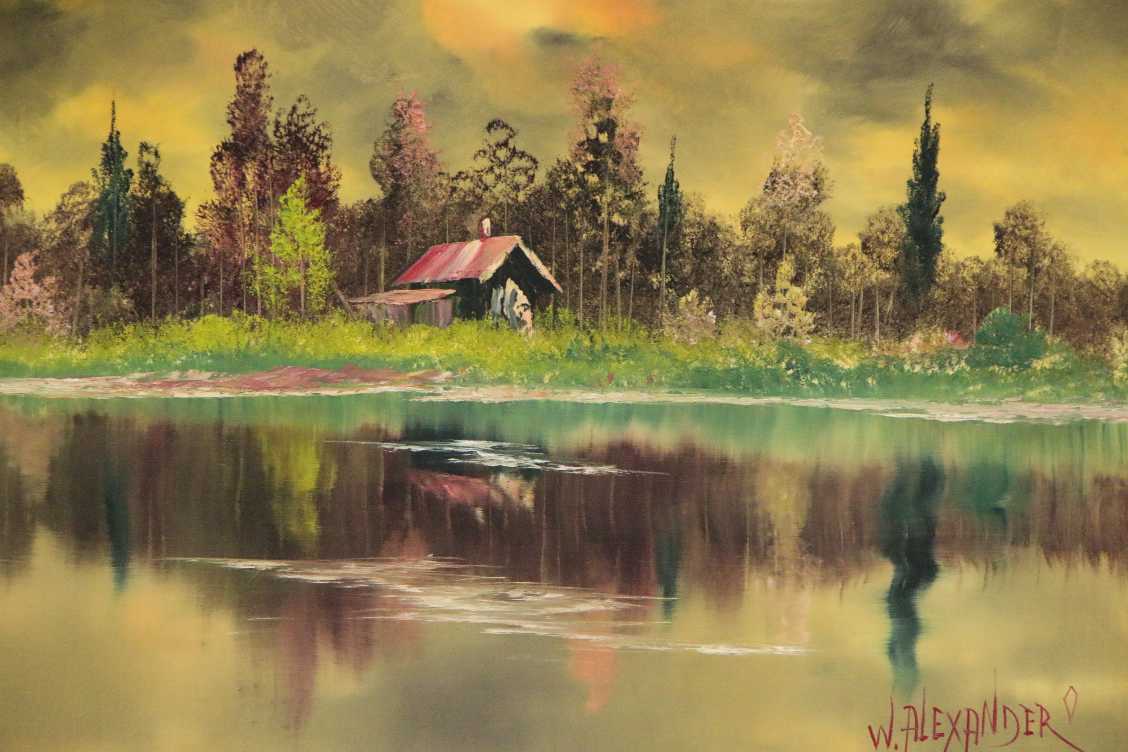 Bill Alexander Oil Painting of Lakeside Cabin, Late 20th Century