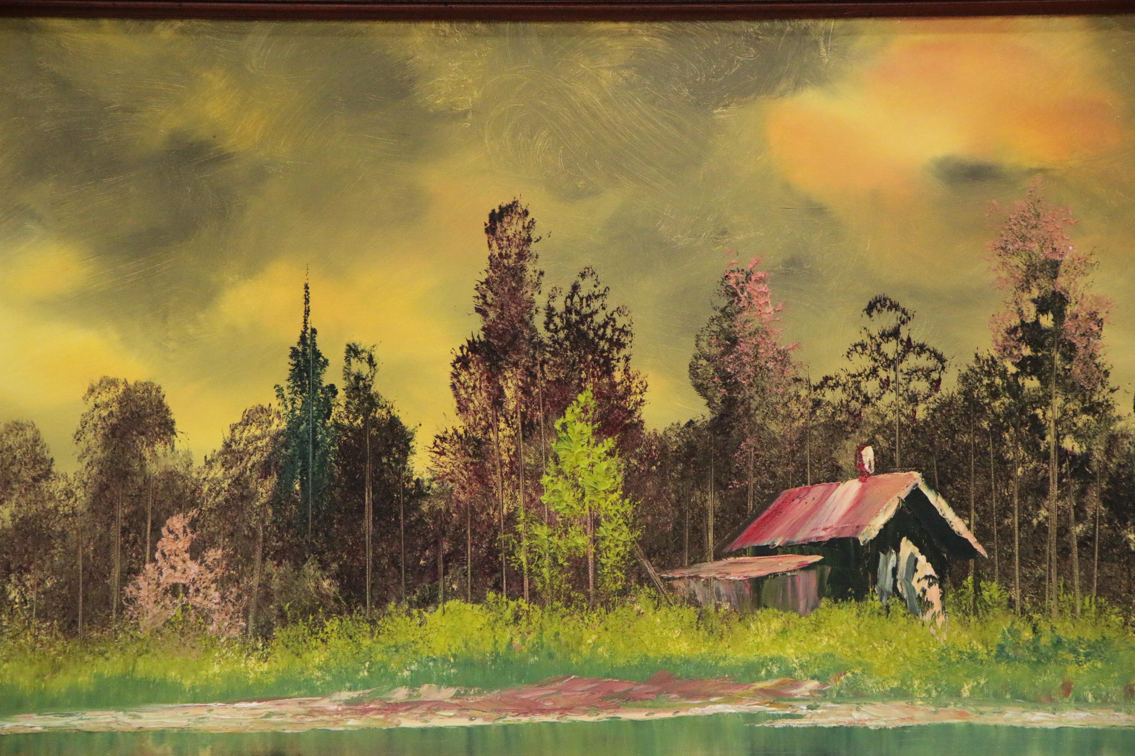Bill Alexander Oil Painting of Lakeside Cabin, Late 20th Century