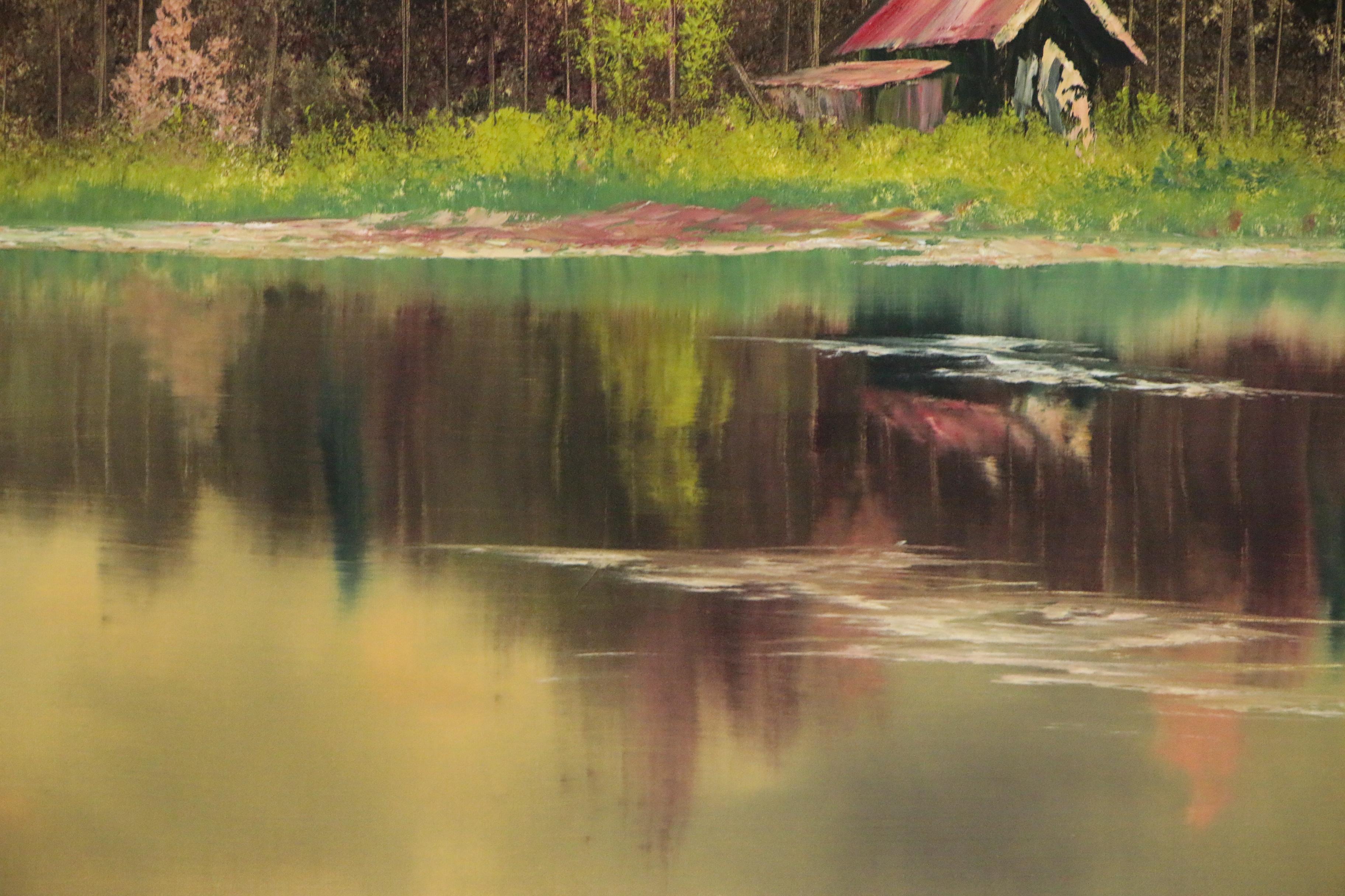 Bill Alexander Oil Painting of Lakeside Cabin, Late 20th Century