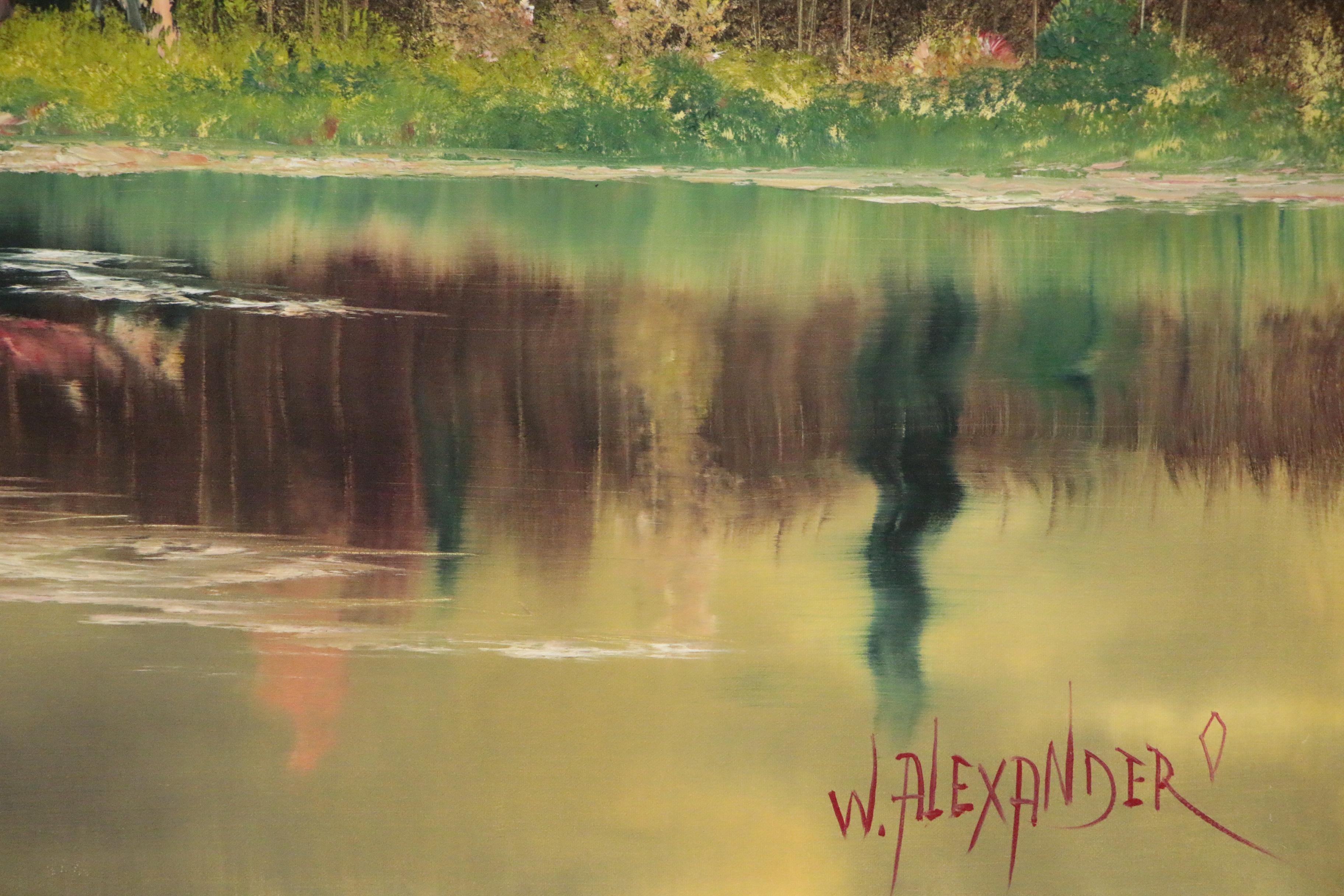 Bill Alexander Oil Painting of Lakeside Cabin, Late 20th Century