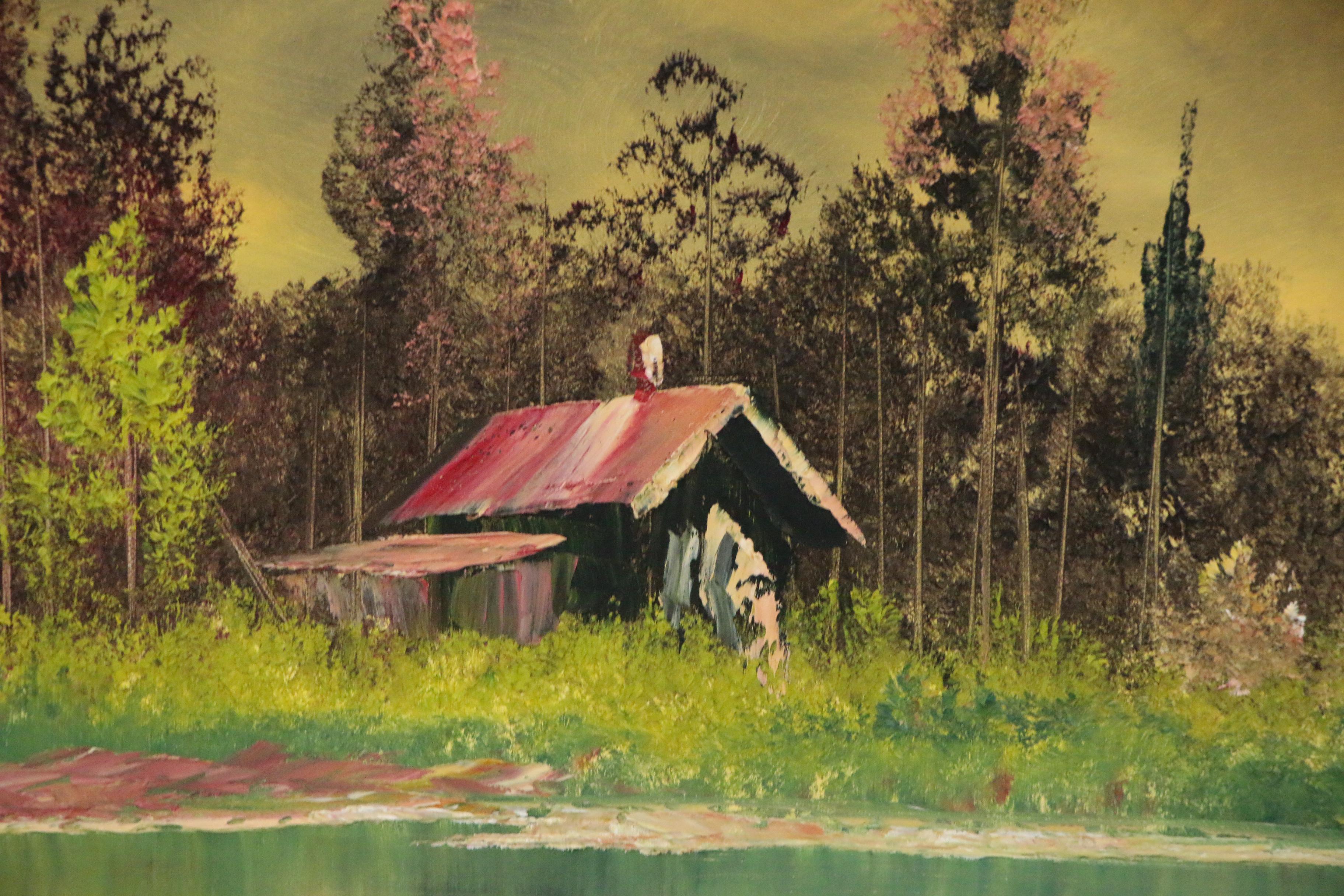 Bill Alexander Oil Painting of Lakeside Cabin, Late 20th Century