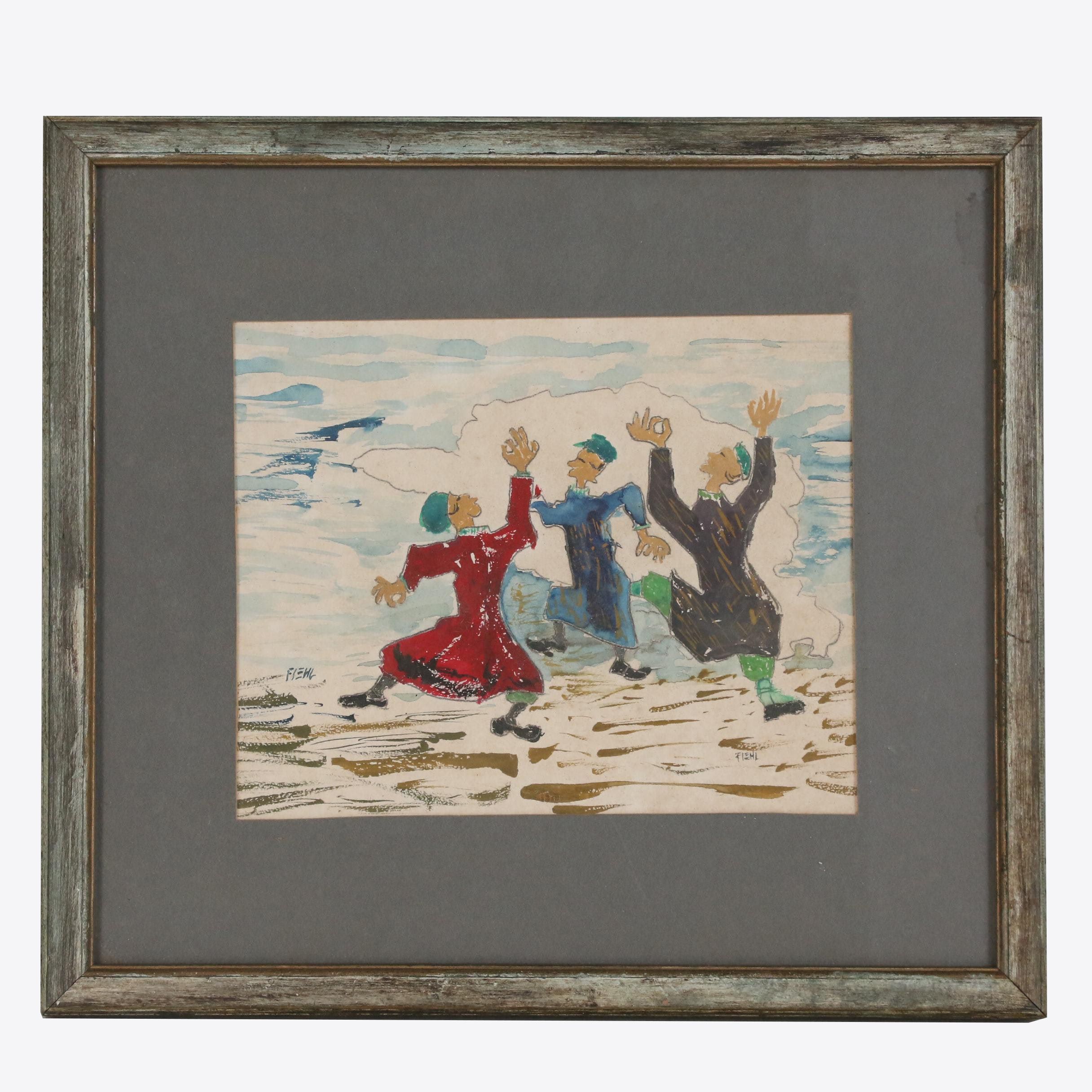 Gouache Painting of Dancing Men, Mid 20th Century