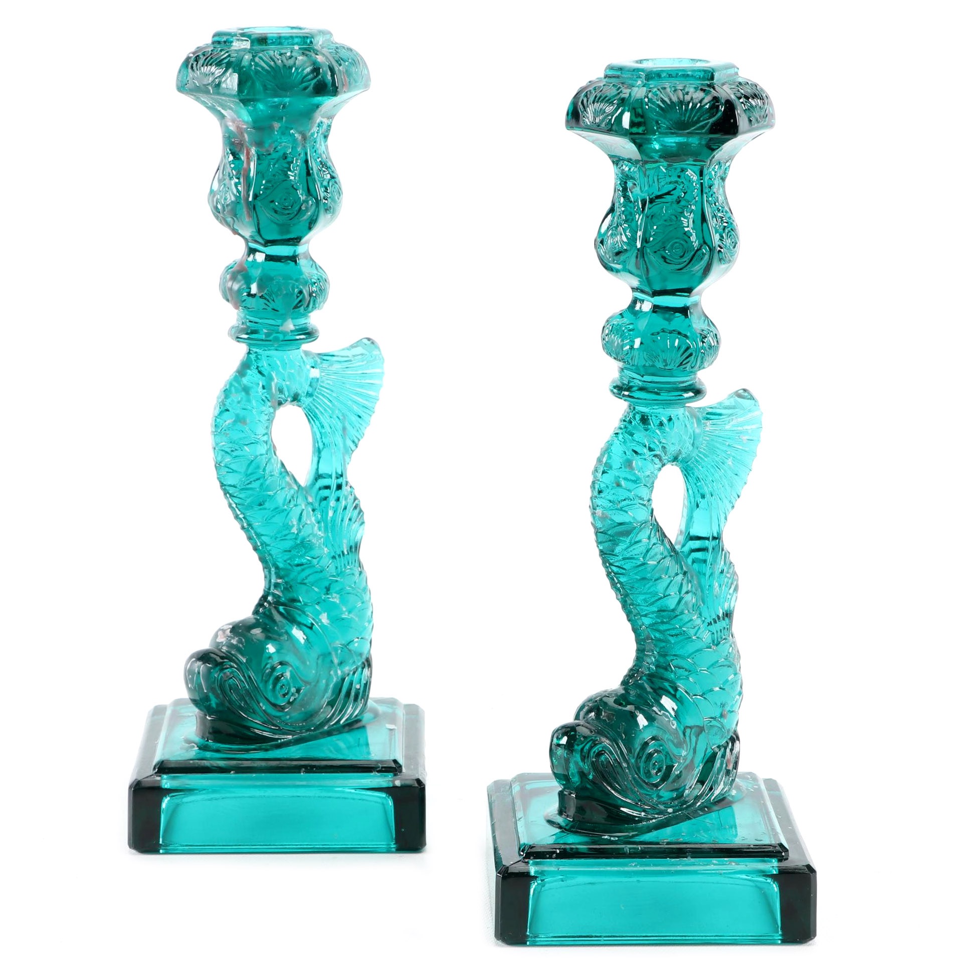 Metropolitan Museum of Art "Dolphin" Teal Glass Candlesticks