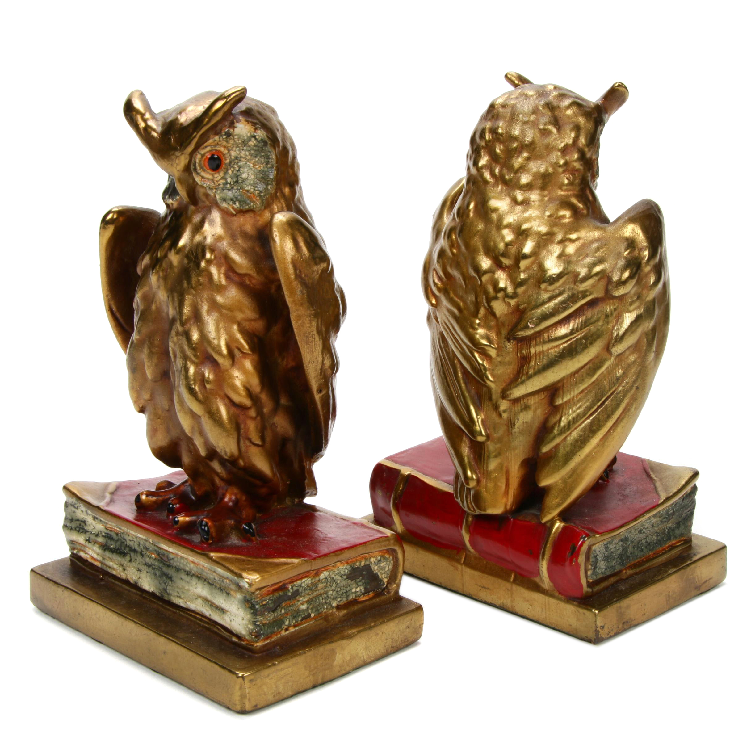 Pompeian Bronze Co Hand-Painted Owl Bookends, 1920s